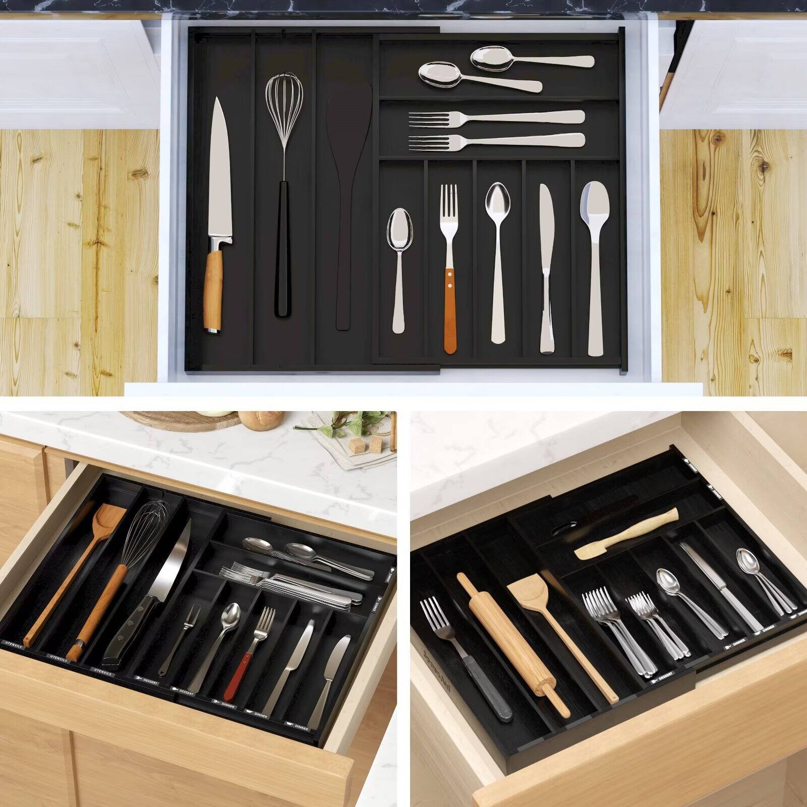 Back. Tooloton - Bamboo Drawer Organizer, Expandable Utensil Tray with 10 Slots for Flatware, Cutlery, Spoons and Knives, Black Finish - Black.