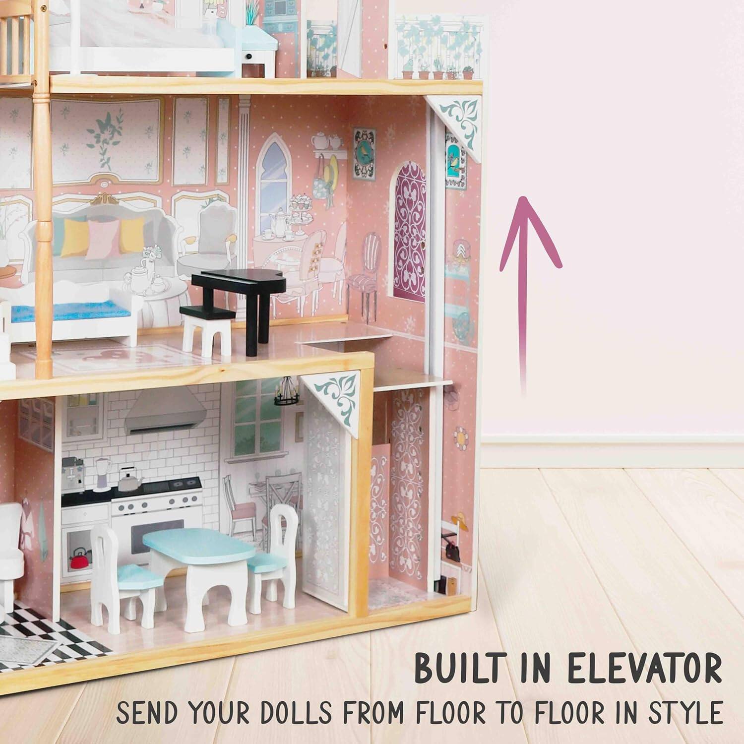 BUILT IN ELEVATOR  
SEND YOUR DOLLS FROM FLOOR TO FLOOR IN STYLE