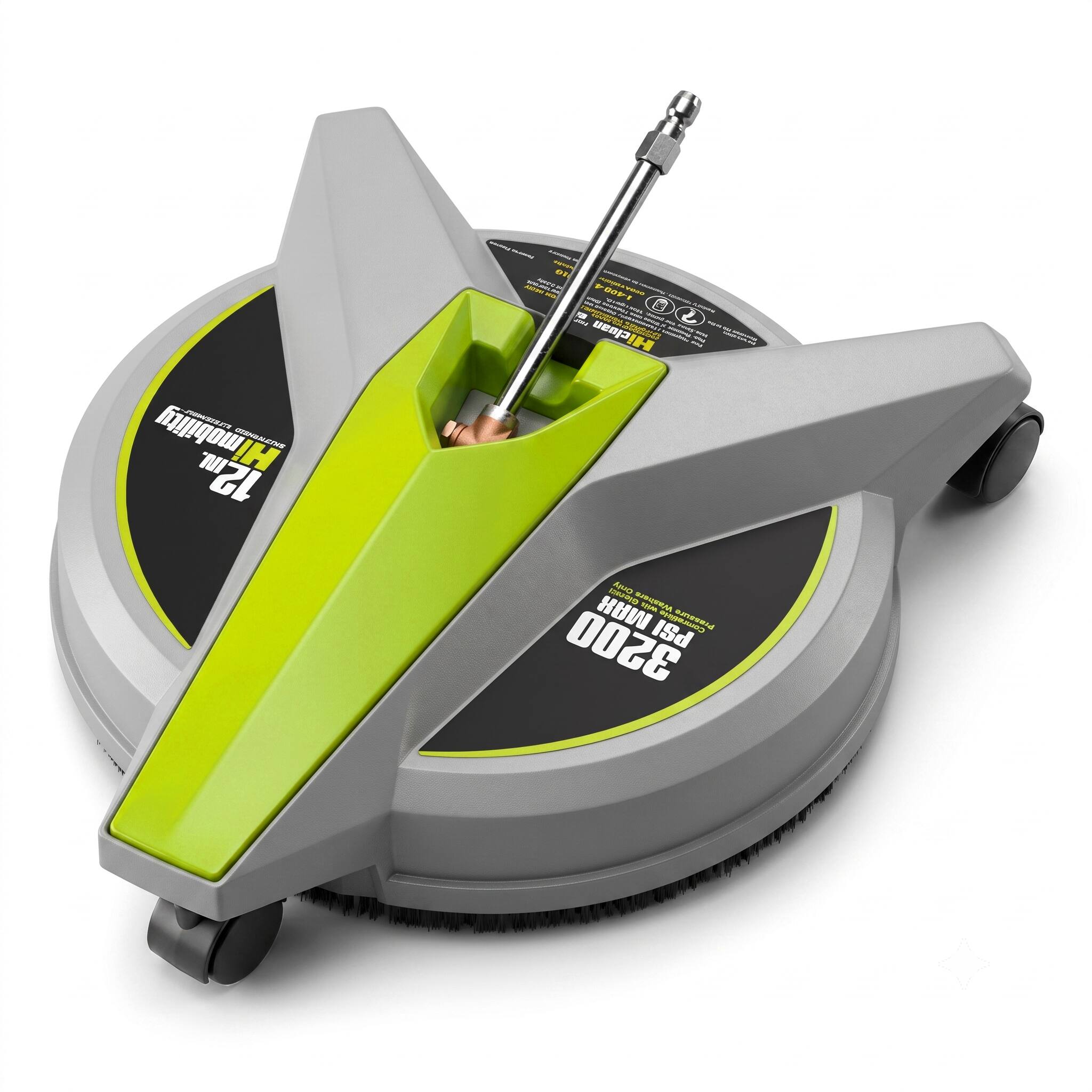 Hiclean - Electric Pressure Washer Surface Cleaner with Wheels, 12" Wide Attachment (3200 PSI MAX) - Grey/Green