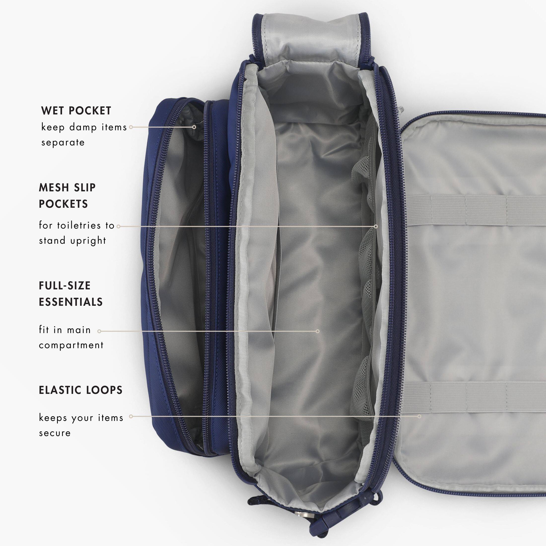 WET POCKET  
keep damp items separate

MESH SLIP POCKETS  
for toiletries to stand upright

FULL-SIZE ESSENTIALS  
fit in main compartment

ELASTIC LOOPS  
keeps your items secure