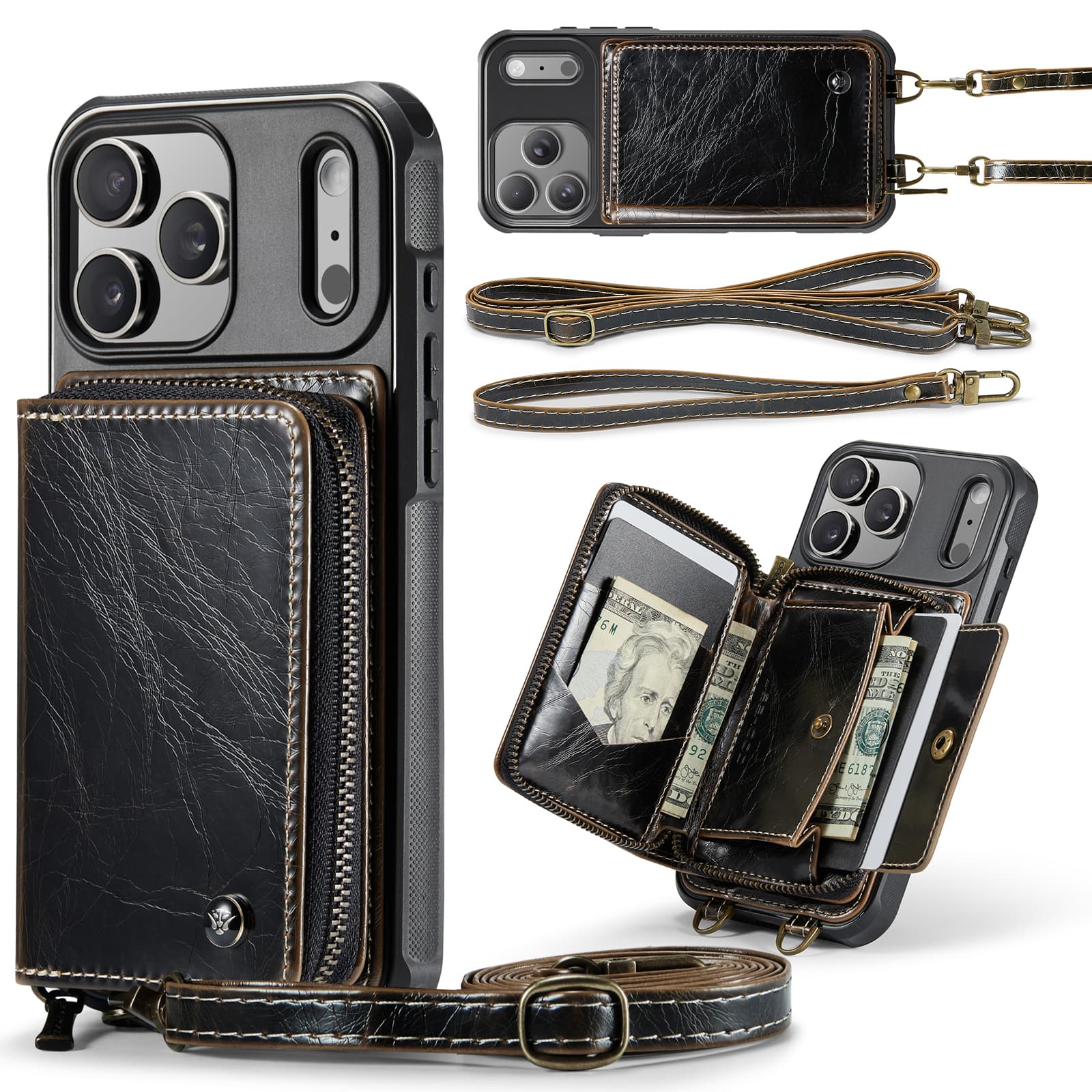 Dteck - Crossbody Zipper Wallet Case for iPhone 17 Pro Max, RFID Blocking PU Leather Card Slots Wrist Strap Lanyard Cover - Coffee price history on PriceWatchPro
