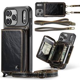 Dteck - Crossbody Zipper Wallet Case for iPhone 17 Pro Max, RFID Blocking PU Leather Card Slots Wrist Strap Lanyard Cover - Coffee