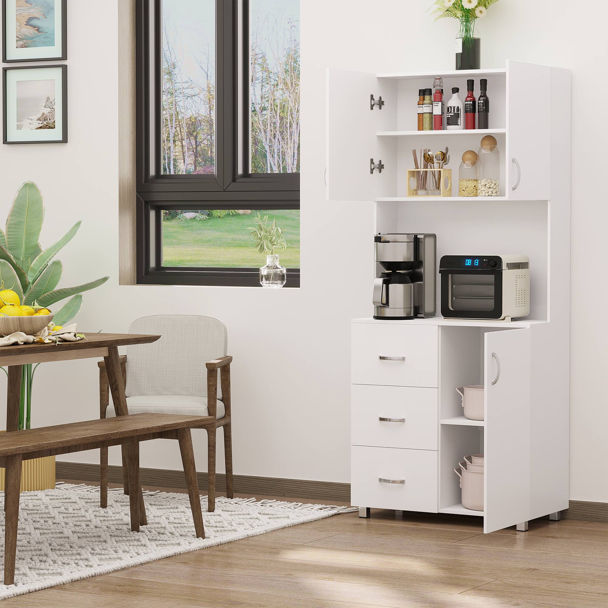 Alt View 1. Homcom - Freestanding Kitchen Pantry, Buffet with Hutch Storage Organizer with 2 Door Cabinets, 3 Drawers and Open - white.