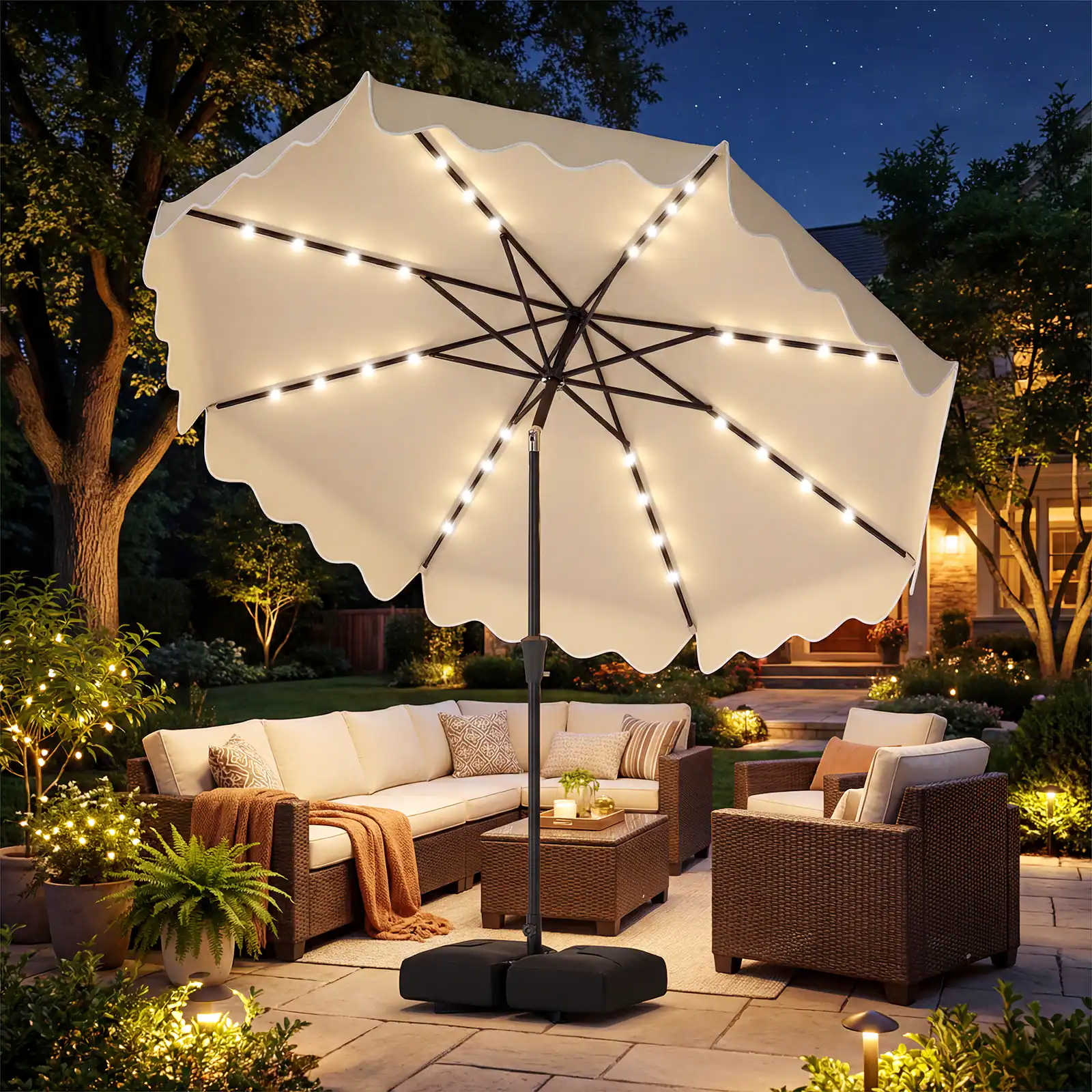 Alt View 3. Costway - Costway 10 FT Outdoor Patio Umbrella with 32 Solar LED Lights & Weighted Base, Sandbags - Beige.