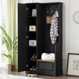 Loheer - hall tree with flip-up bench, adjustable shelves, tall cabinet - Black