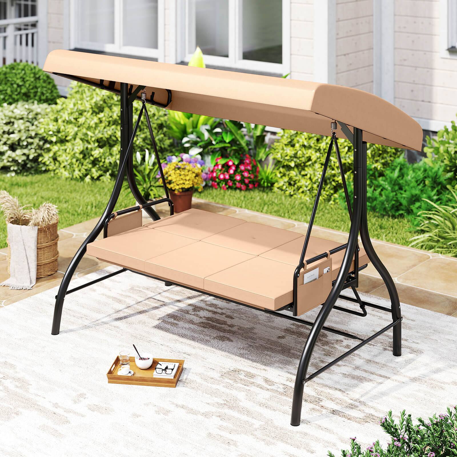Alt View 4. Costway - Costway 3-Seat Patio Swing with Canopy with Removable Cushions & Side Pockets Stand - Beige.
