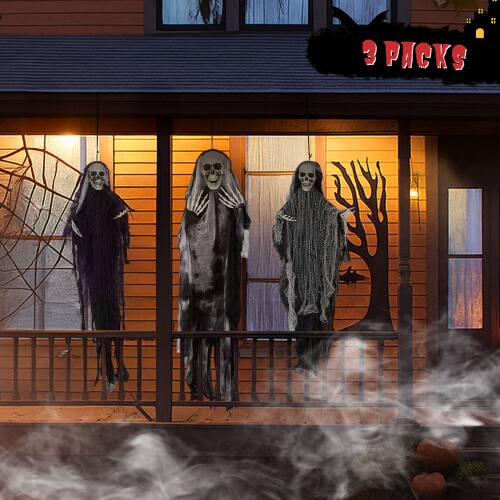 Alt View 7. Winado - Halloween Scray Hanging Skeleton Ghosts, Grim Reapers 3PCS Swinging Flying Decoration for Holiday Outdoor Patio Garden - Black.