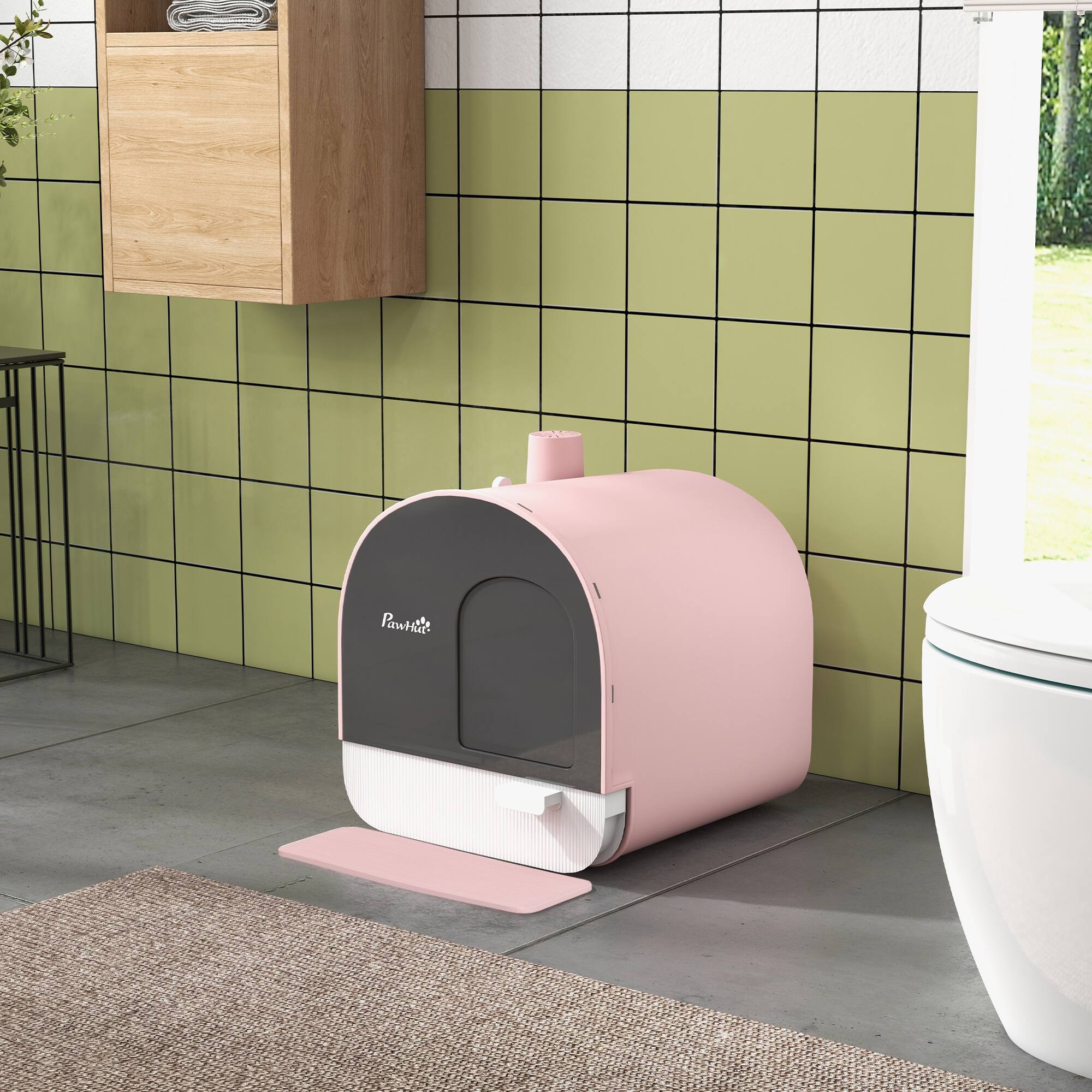 Alt View 1. Pawhut - Cat Litter Box with Lid with Scoop and Filter - Pink.