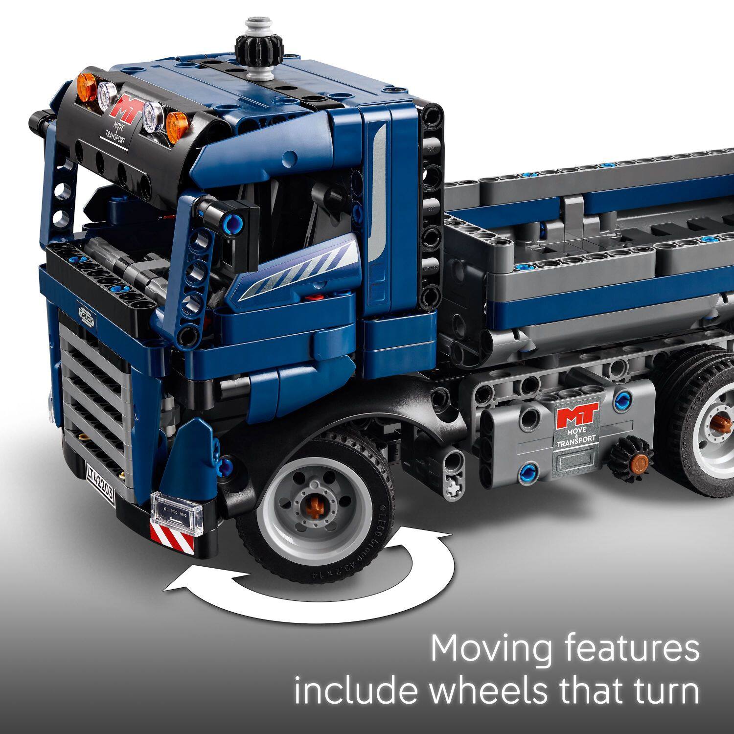 Moving features include wheels that turn.