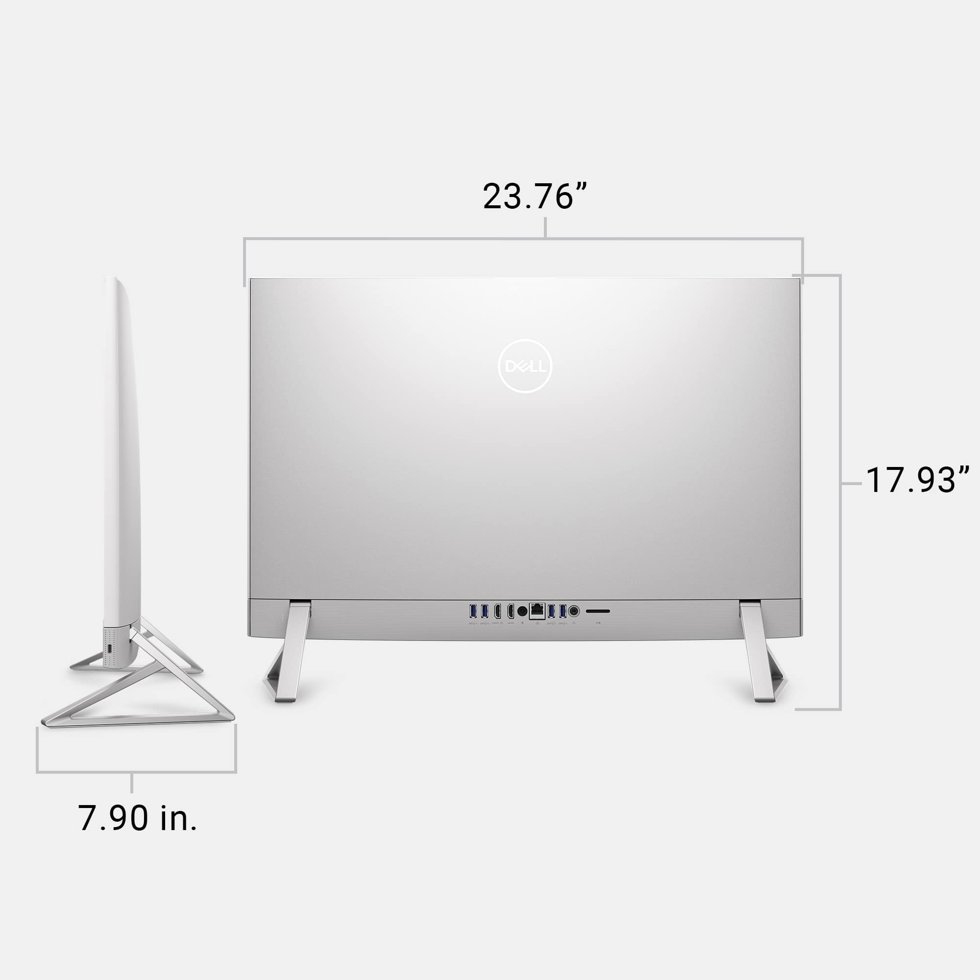 The image shows a Dell computer monitor with a size of 23.76 inches. The monitor is placed on a stand, and its height is 17.93 inches. The stand is made of metal and has a sleek design. The monitor and stand together make for a stylish and functional setup.