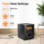 Three Heat Settings: ECO, Maintains, High, Low, 1,500W, 1,000W, 78°F.