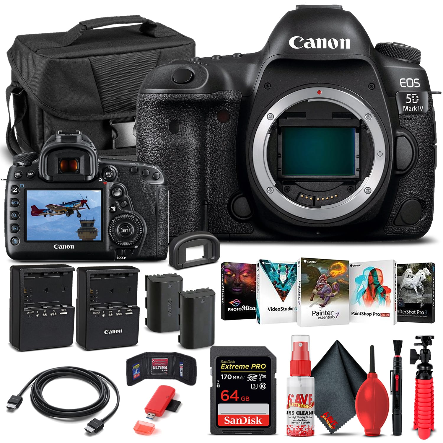 Canon EOS 5D Mark IV - MPC aO - A SET Canon -. Comes - L . - . . ... - I - - ... Com I PHOTOMira VideoStudio Painter essentials PaintShop Pro 101 terShot Pro Canon ULTIMA SanDisk Extreme PRO 170 MBA 3 0 64 GB SanDisk SAVE LECTRONIC INS CLEANE ~ 1 - - - - : KAVE