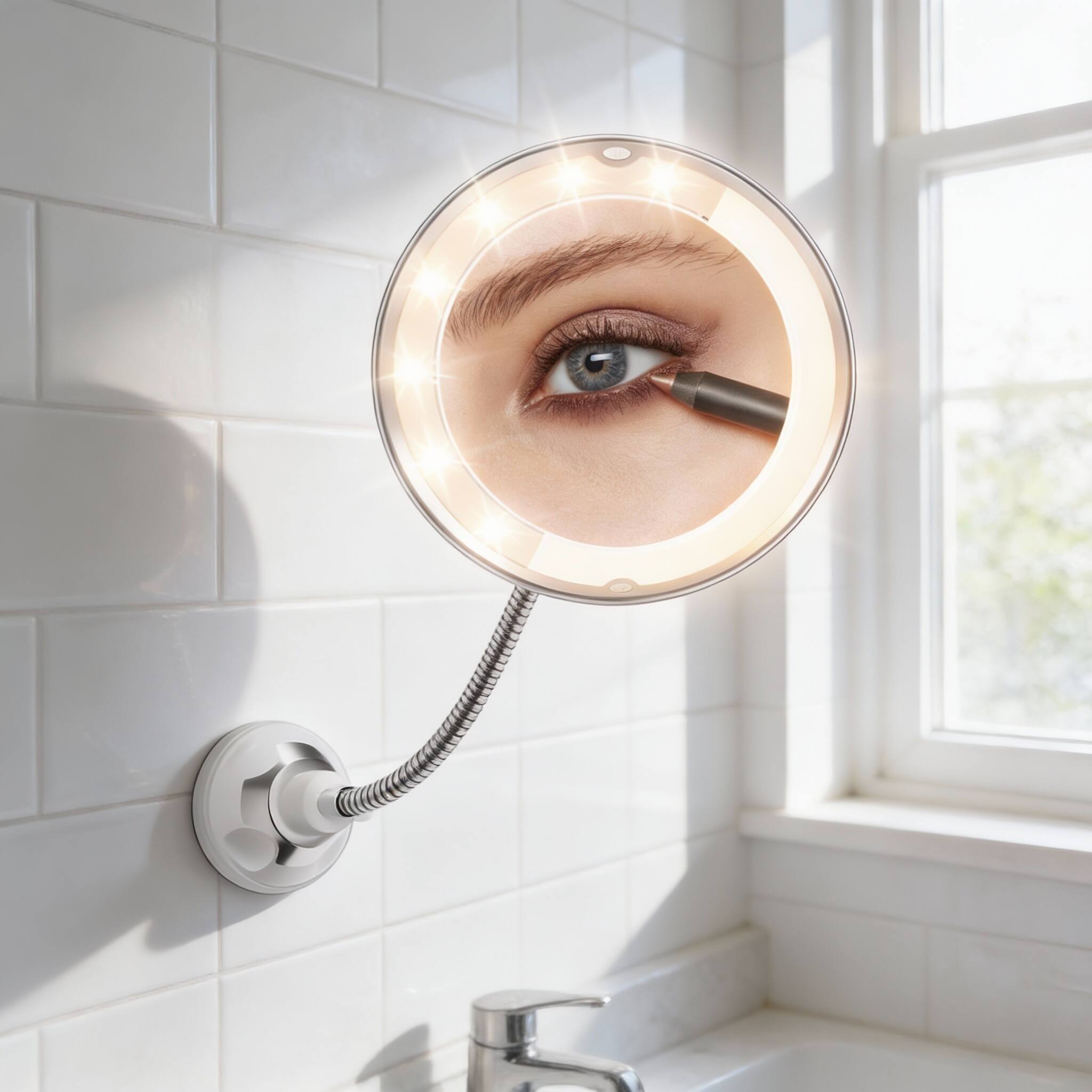 Alt View 1. PO3TICJUNKI3 - 10x Lighted Magnifying Mirror, Flexible Gooseneck, Battery Suction Cup - Default.
