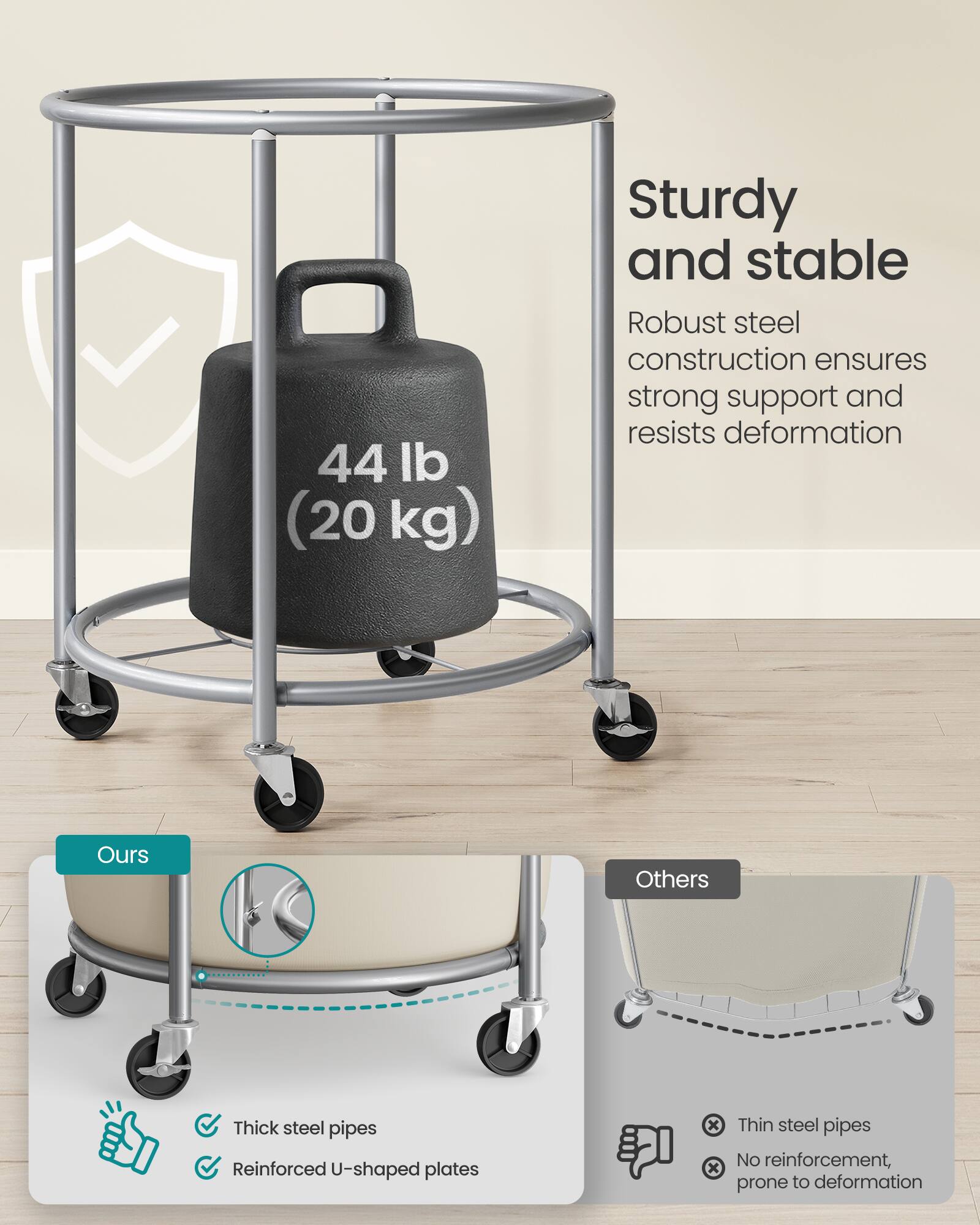 44 lb (20 kg)

Sturdy and stable
Robust steel construction ensures strong support and resists deformation

Ours
- Thick steel pipes
- Reinforced U-shaped plates

Others
- Thin steel pipes
- No reinforcement, prone to deformation