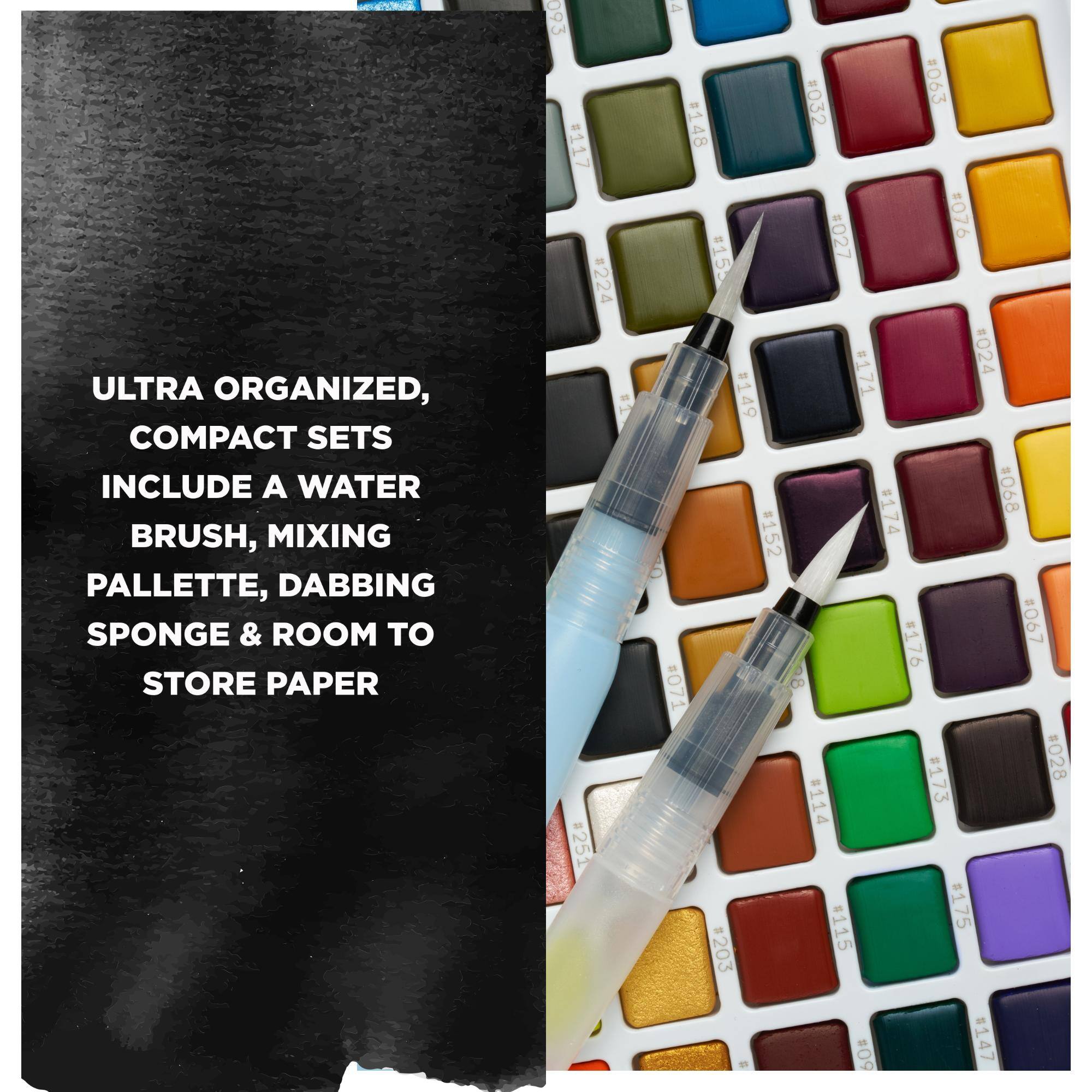 ULTRA ORGANIZED, COMPACT SETS INCLUDE A WATER BRUSH, MIXING PALLETTE, DABBING SPONGE & ROOM TO STORE PAPER