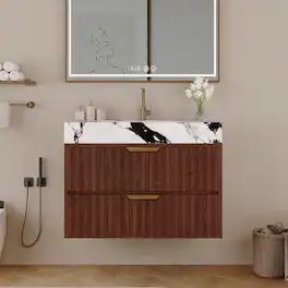 Loheer - 30 inch floating bathroom vanity Walnut Modern Wall Mounted Cabinet with Ceramic Sink - Walnut, White