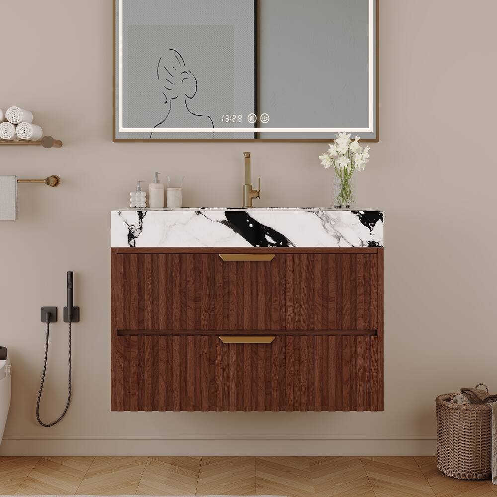 Loheer - 30 inch floating bathroom vanity Walnut Modern Wall Mounted Cabinet with Ceramic Sink - Walnut, White