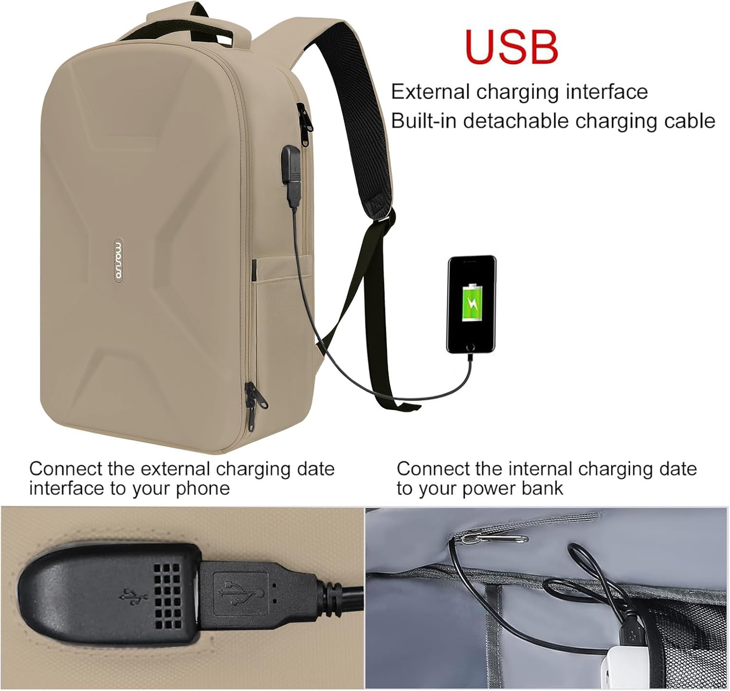 USB External charging interface Built-in detachable charging cable

Connect the external charging date interface to your phone

Connect the internal charging date to your power bank