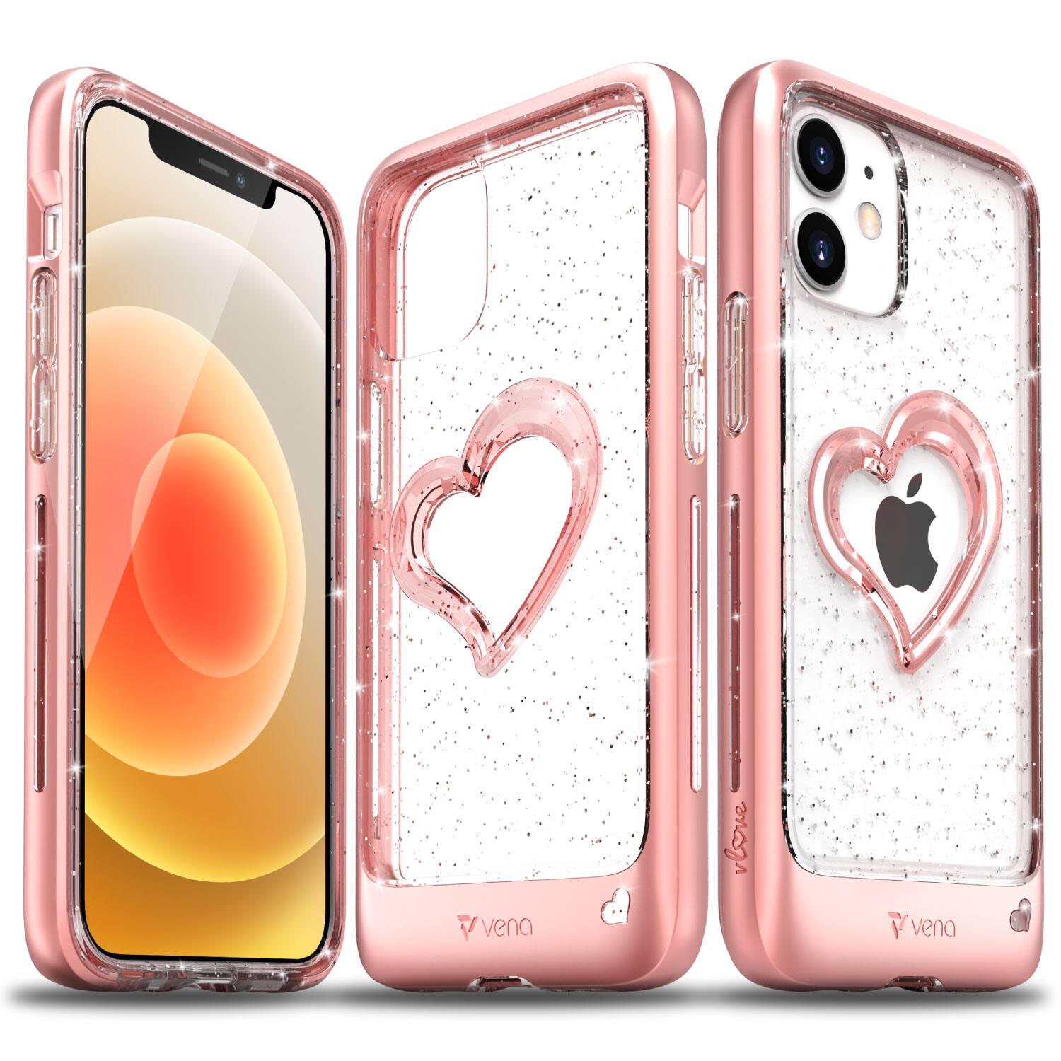Vena - vLove Glitter Heart Case for Apple iPhone 12 Mini - Rose Gold - Multicolored
