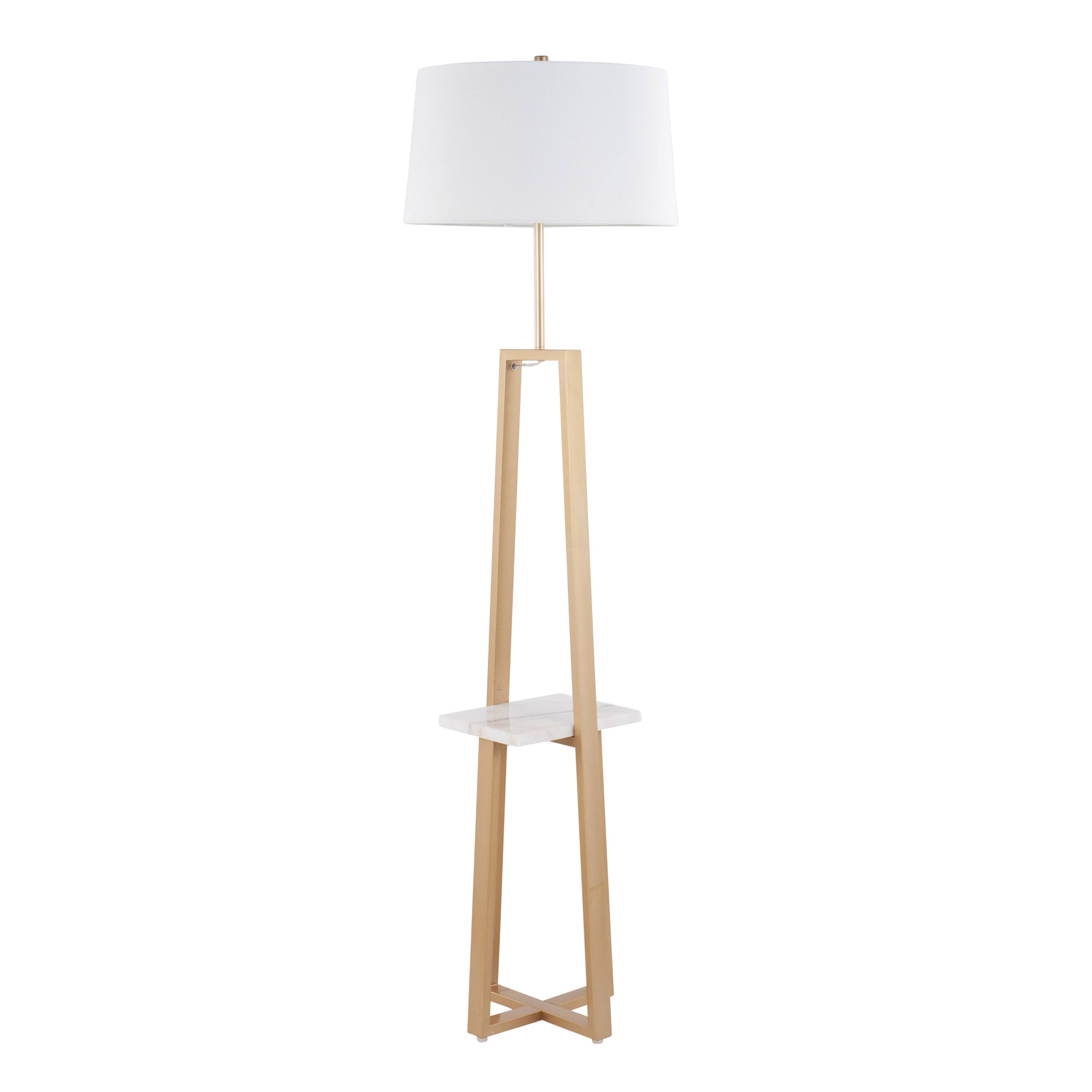 Back. Loheer - Loheer Contemporary Shelf Floor Lamp Gold Metal and White Marble Base with Linen Shade Modern Standing Lamp - Gold.