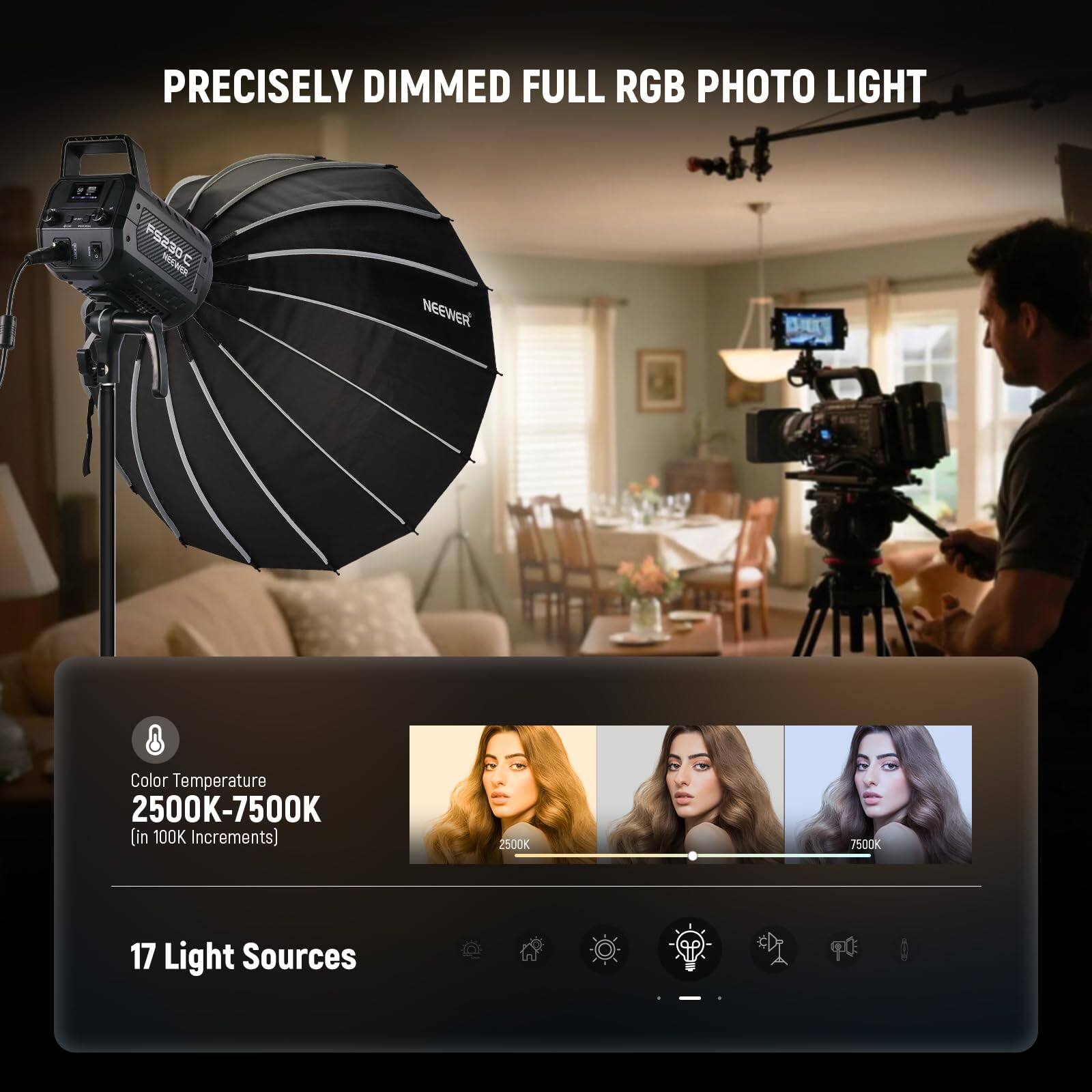 PRECISELY DIMMED FULL RGB PHOTO LIGHT

NEEWER Ba

Color Temperature 2500K-7500K (in 100K Increments)

17 Light Sources