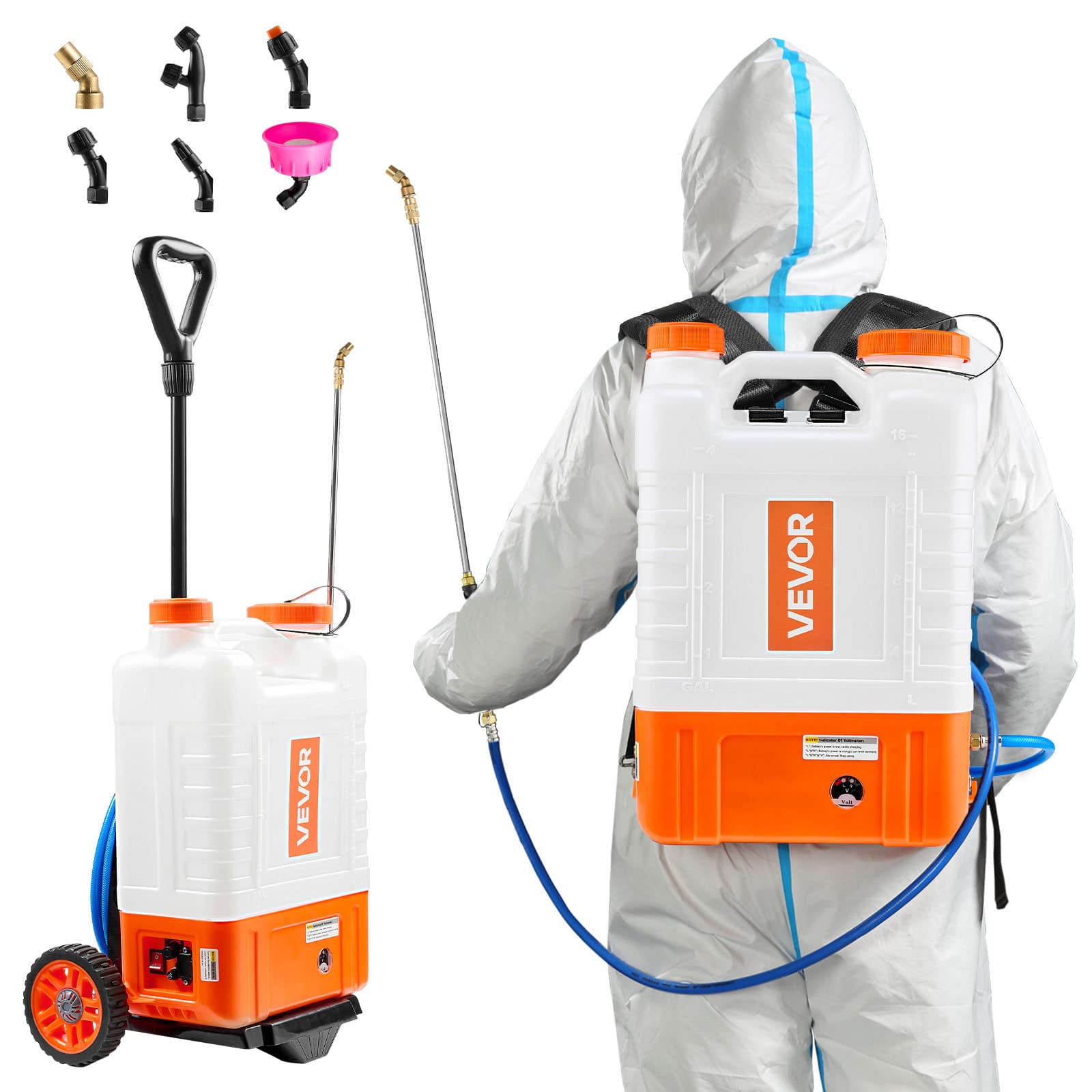 VEVOR - Battery Powered Backpack Sprayer with Cart, 0-94 PSI Adjustable Pressure, 4 Gallon Tank on Wheels, with 8 Nozzles - White + Orange price history on PriceWatchPro
