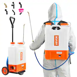 VEVOR - Battery Powered Backpack Sprayer with Cart, 0-94 PSI Adjustable Pressure, 4 Gallon Tank on Wheels, with 8 Nozzles - White + Orange