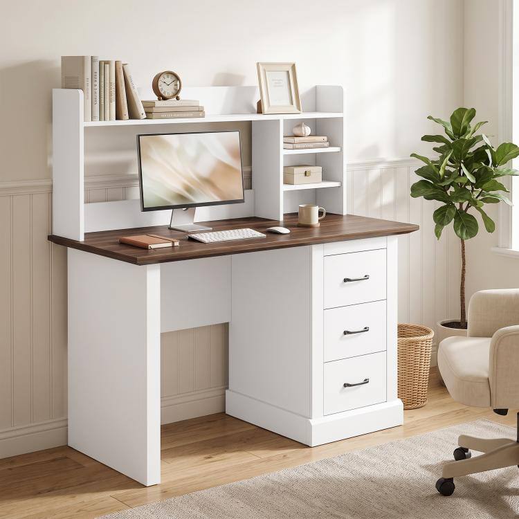 Alt View 2. PULUZ - Computer Desk with 3 Drawers and Storage Shelves, 47 inch Home Office Study Writing Table - Walnut and White.