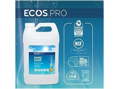 ECOS PRO  
HAND SOAP  
FREE & CLEAR  

ECOS PRO SAFER CHOICE  
NSF  
USDA CERTIFIED PLANT BASED PRODUCT  
MADE IN USA  

NOT TESTED ON ANIMALS  
NO ANIMAL PRODUCTS