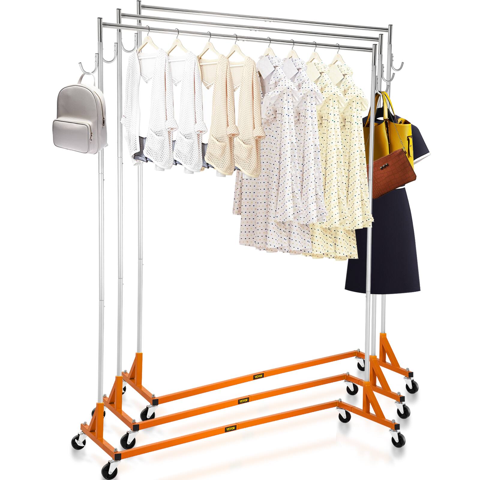 VEVOR - Z Rack, Industrial Grade Z Base Garment Rack, Height Adjustable Rolling Z Garment Rack,Sturdy Steel Z Base Clothing Rack - Orange