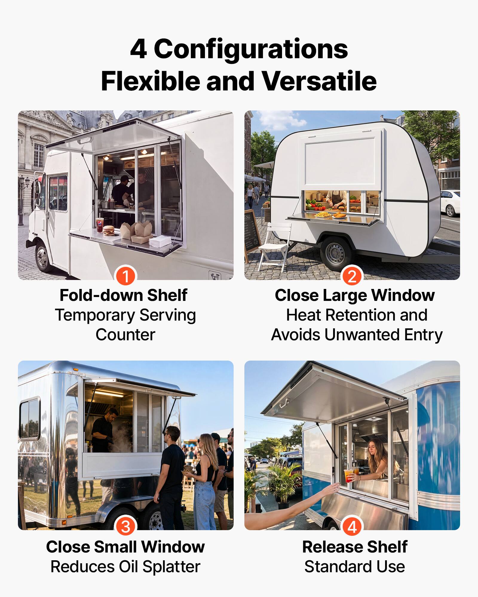 4 Configurations Flexible and Versatile

1. Fold-down Shelf Temporary Serving Counter
2. Close Large Window Heat Retention and Avoids Unwanted Entry
3. Close Small Window Reduces Oil Splatter
4. Release Shelf Standard Use