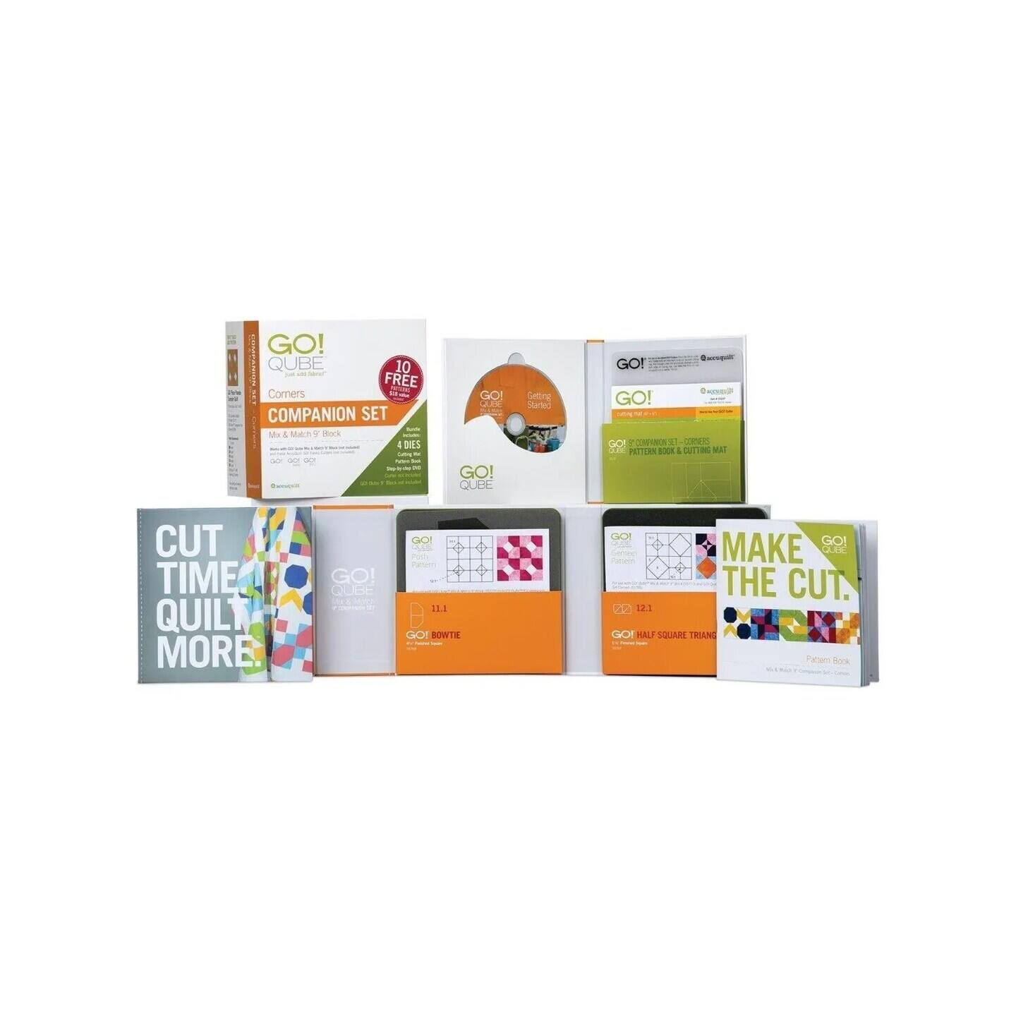 GO! QUBE 10 - FREE e Conners COMPANION SET Ma & Meh  dork E DIES i -  - - GO JI GO! QUBE Celtre Started  GO! A GO! GC MN A CONMRC TA PETERN B I DUTTIG MAT CUT TIME QUILT MORE GO CUBE GOI  Po tanaen 31.3 B CAC3I BOWTE CACH GO! Sered MAKE QUES THE CUT. do 12.1 VO HALF SQUARE TRIANE XeX nod

Corrected:
GO! QUBE 10 - FREE e Conners COMPANION SET Mix & Match Block DIES i -  - - GO! QUBE Getting Started  GO! QUBE COMPANION SET CORNERS PATTERN BOOK & CUTTING MAT CUT TIME QUILT MORE GO! QUBE GO! QUBE MAKE THE CUT. 12.1 HALF SQUARE TRIANGLE Pattern Book