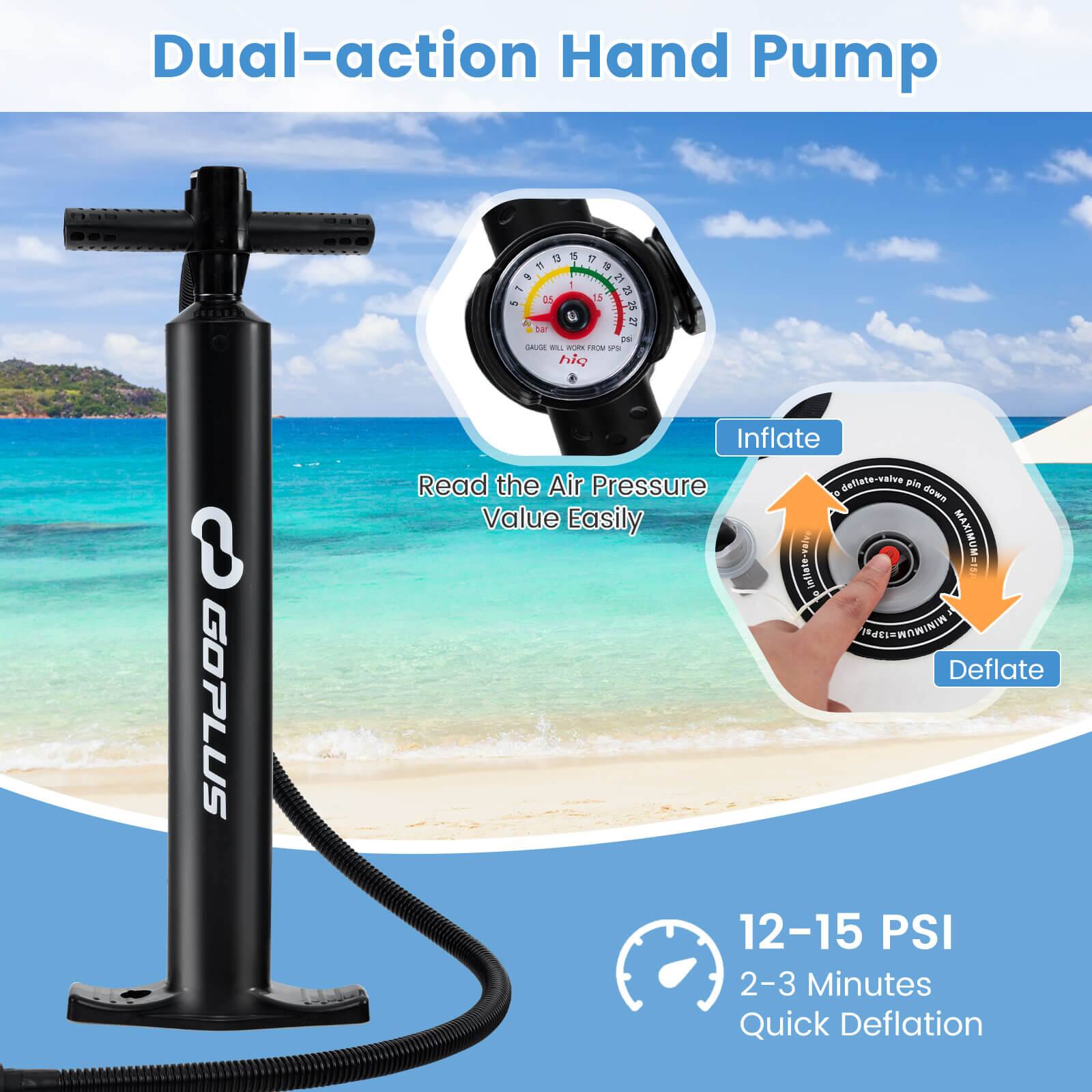 Dual-action Hand Pump: A tire inflator that can both inflate and deflate tires. It has a gauge to read the air pressure and a value that makes it easy to inflate and deflate tires. The pump can inflate to 12-15 PSI and deflate in just 2-3 minutes.