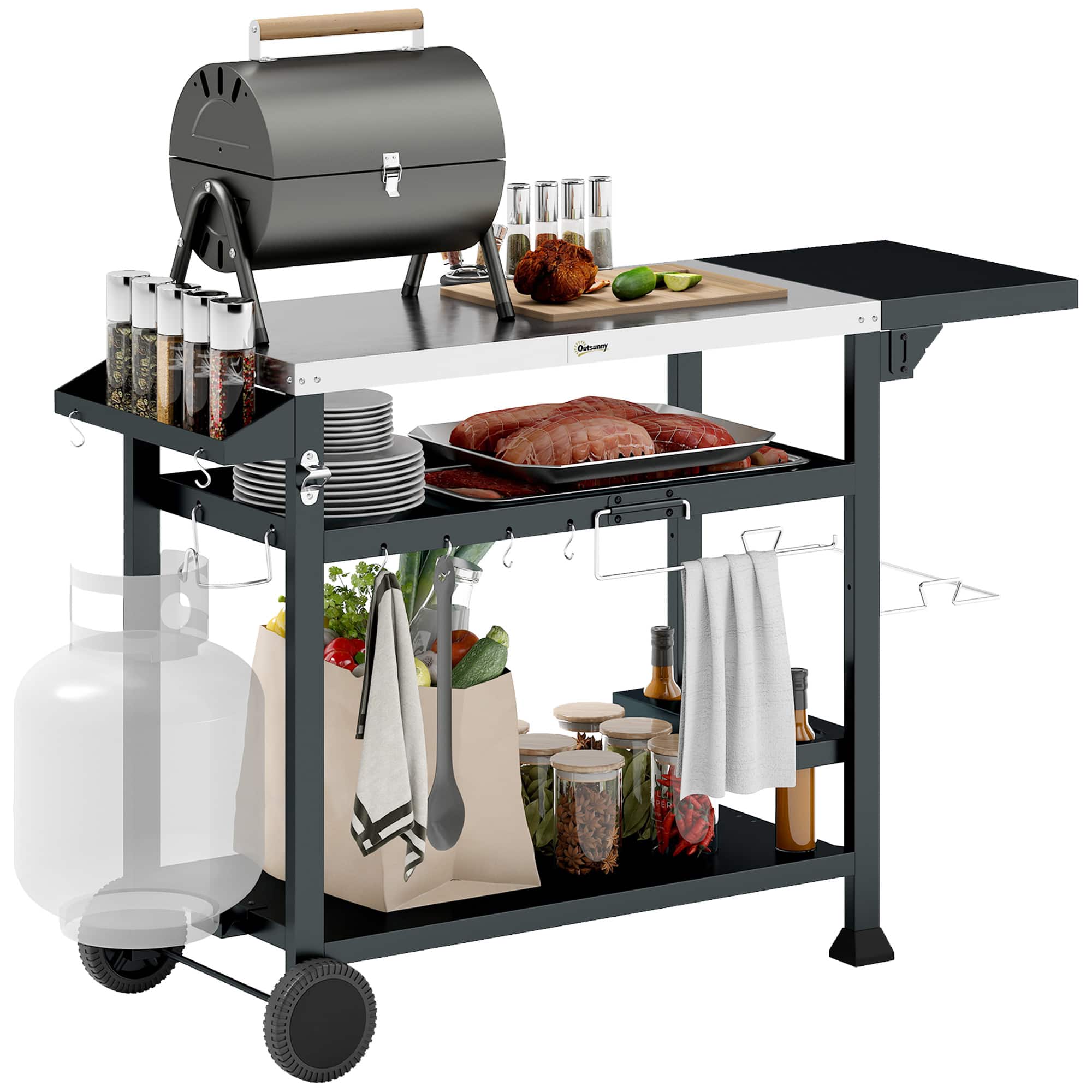 Front. Outsunny - Outdoor Grill Cart with Foldable Side Table, 46" x 21.75" Multifunctional Stainless Steel Pizza Oven Stand - Black.