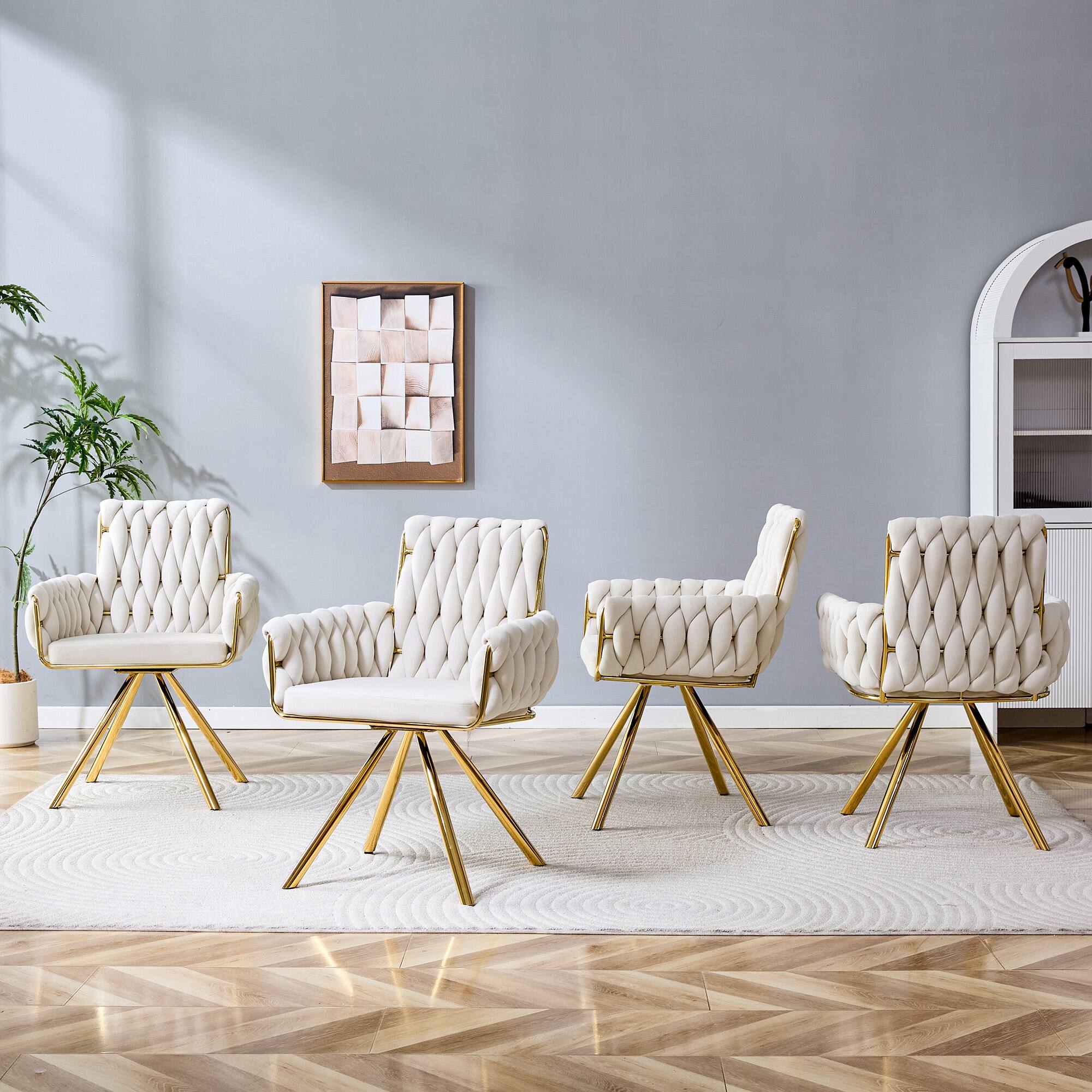 Alt View 2. Loheer - Loheer Velvet Dining Chairs Set of 2, Beige Braided Accent Chairs with Arms and Gold Metal Legs, 2.08 ft - Beige,Gold.