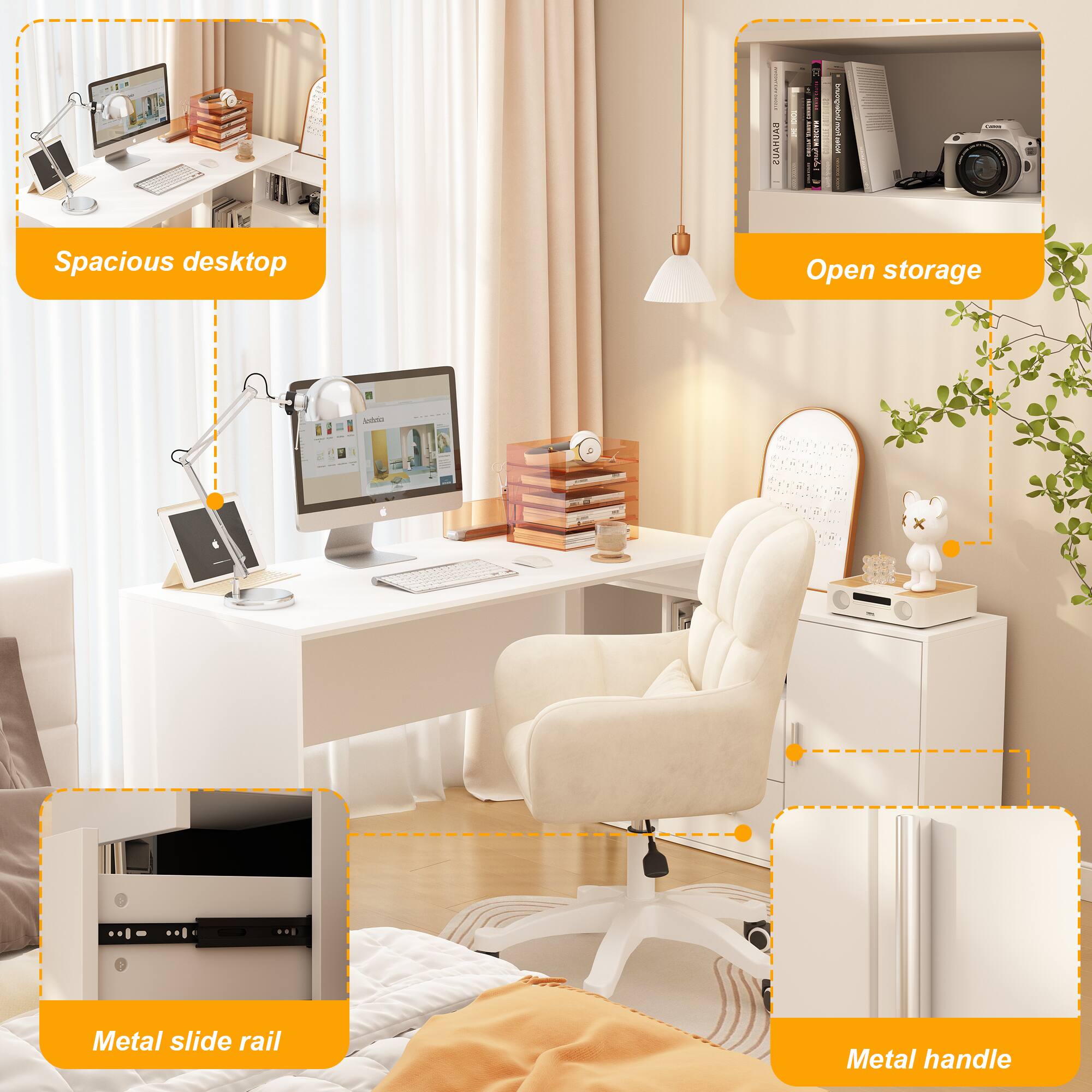 - Spacious desktop
- Open storage
- Metal slide rail
- Metal handle