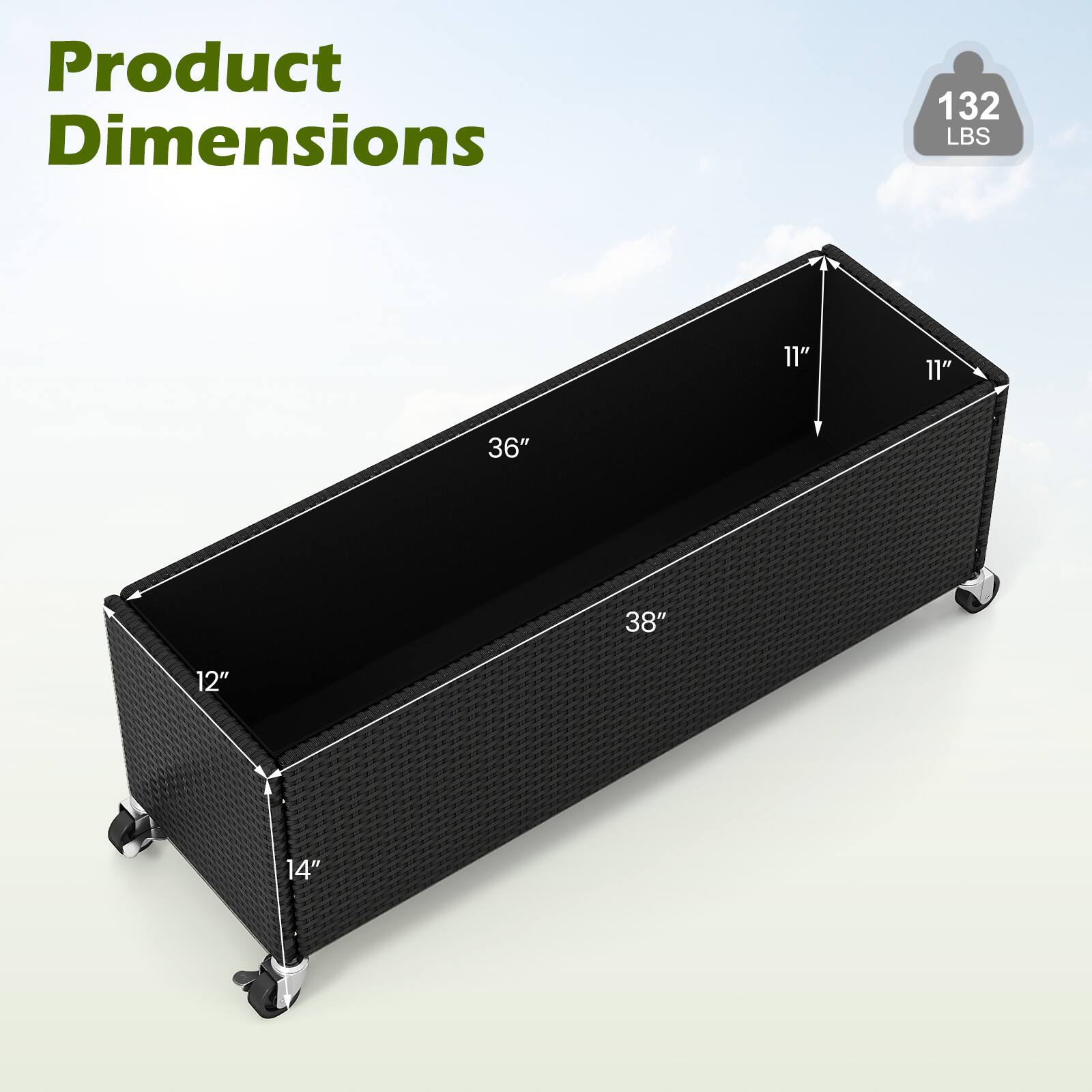 Product Dimensions

132 LBS

11"

11"

36"

38"

12"

14"