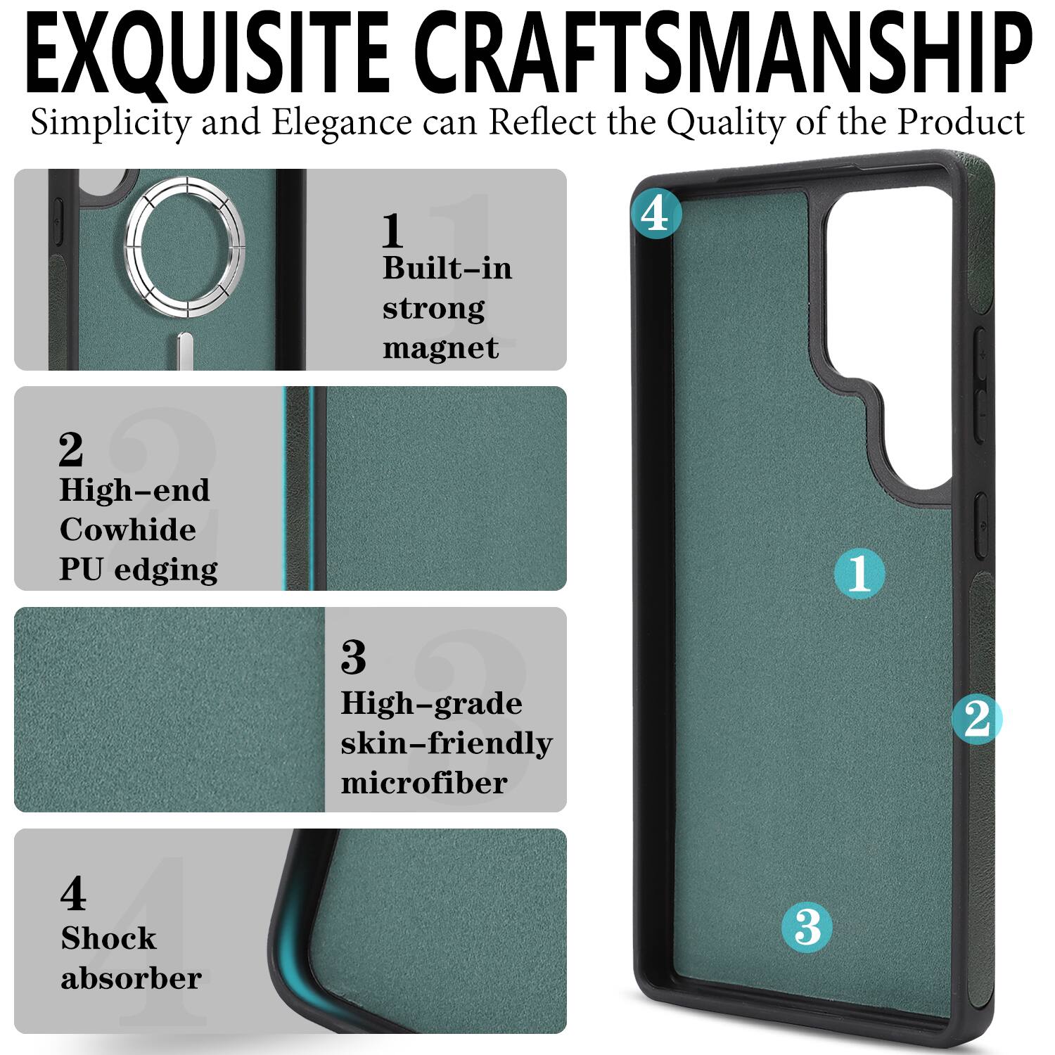 EXQUISITE CRAFTSMANSHIP  
Simplicity and Elegance can Reflect the Quality of the Product

1. Built-in strong magnet  
2. High-end Cowhide PU edging  
3. High-grade skin-friendly microfiber  
4. Shock absorber