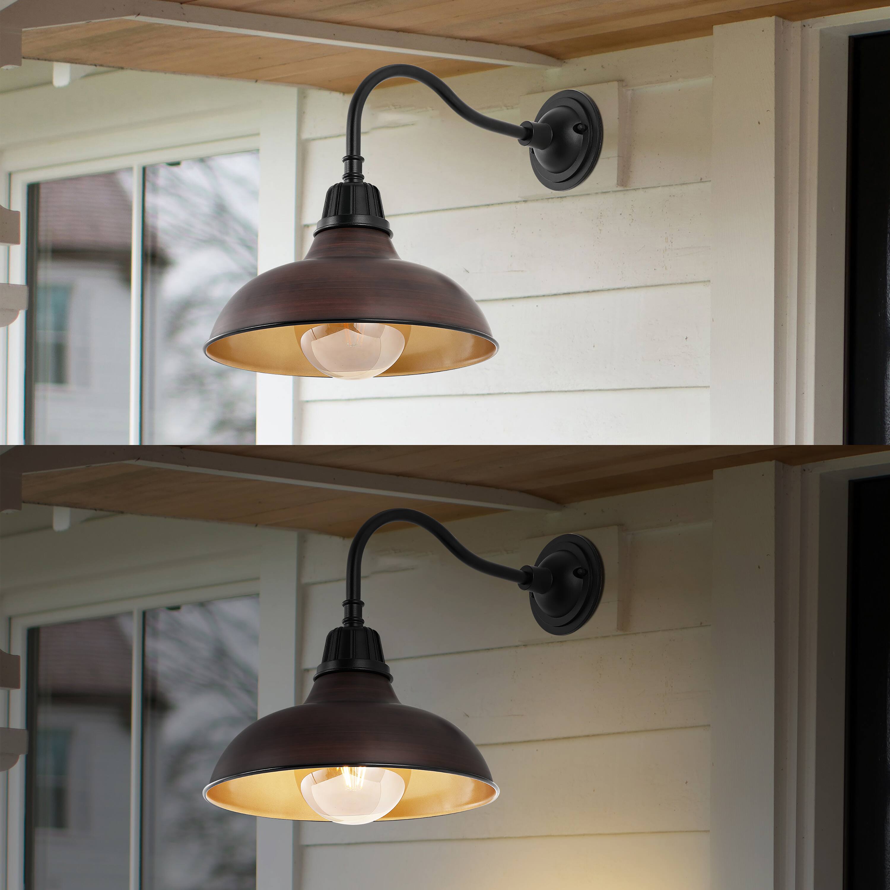 Alt View 3. Jonathan Y - Aurora 12.25" 1-Light Farmhouse Industrial Indoor/Outdoor Iron LED Gooseneck Arm Outdoor Sconce, Wood Finish/Copper - Wood Finish/Black.