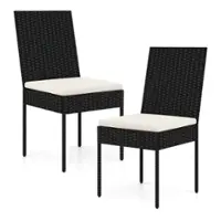 Costway PE Wicker Patio Chairs Set of 2 Outdoor Dining Chairs with Cushions - Off White + Black - Front_Zoom