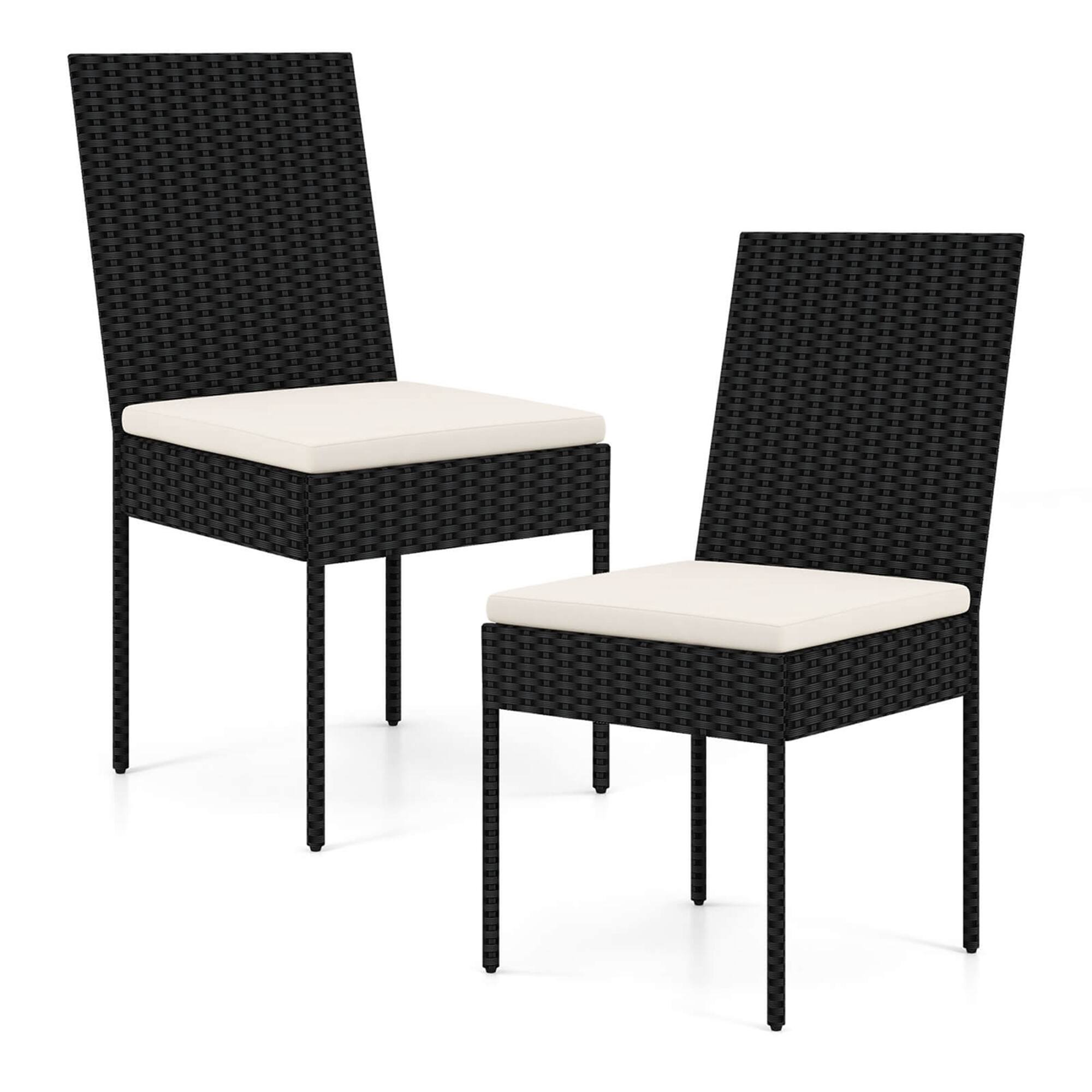 Front. Costway - PE Wicker Patio Chairs Set of 2 Outdoor Dining Chairs with Cushions - Off White + Black.