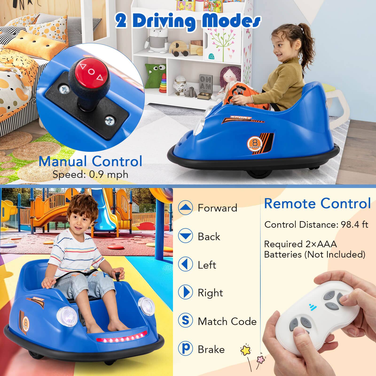 2 Driving Modes

Manual Control  
Speed: 0.9 mph

Remote Control  
Control Distance: 98.4 ft  
Required 2xAAA Batteries (Not Included)

- Forward
- Back
- Left
- Right
- Match Code
- Brake