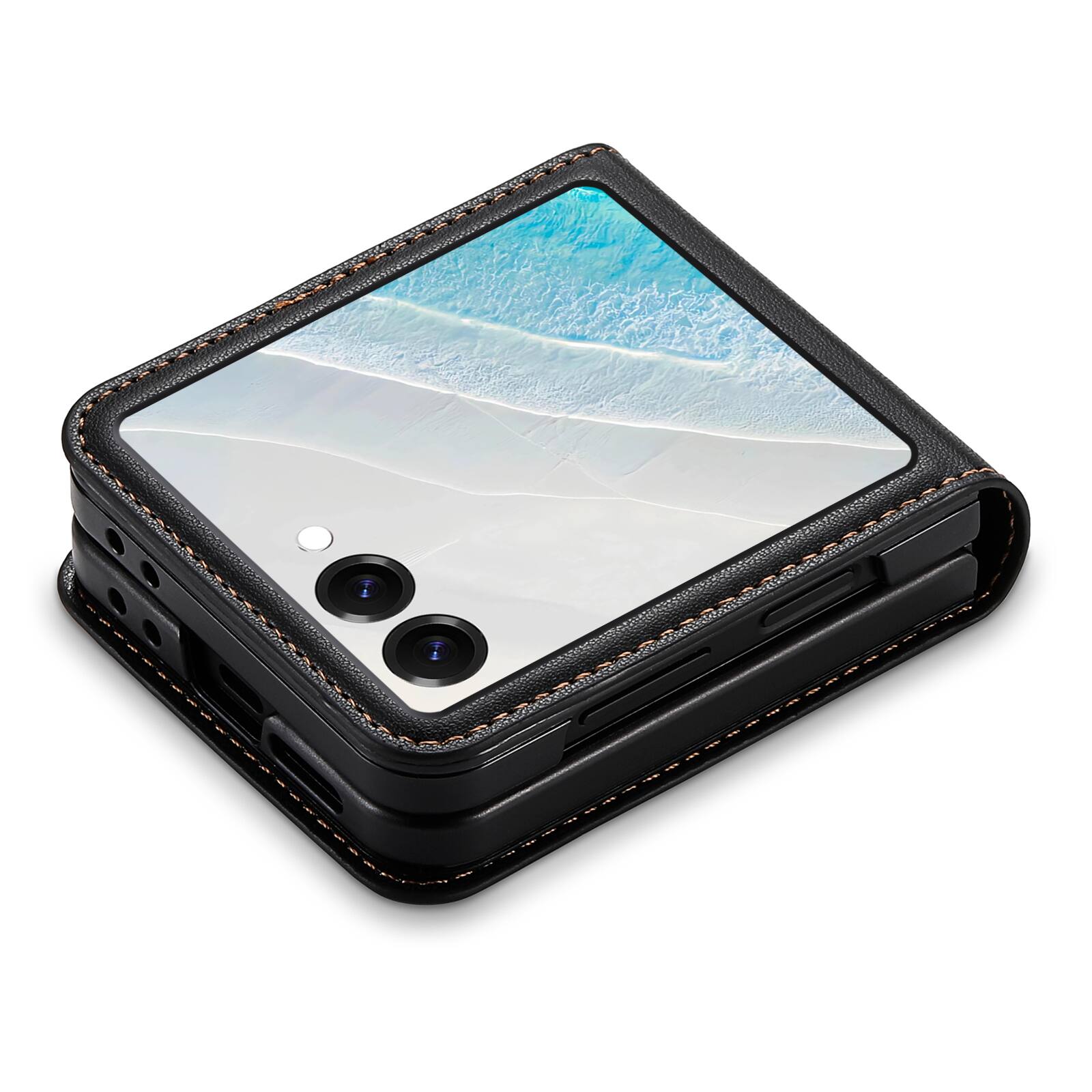 Angle. Dteck - Wallet Case for Samsung Galaxy Z Flip8, Premium Leather Shockproof Slim Cover with Card Slot - Black.
