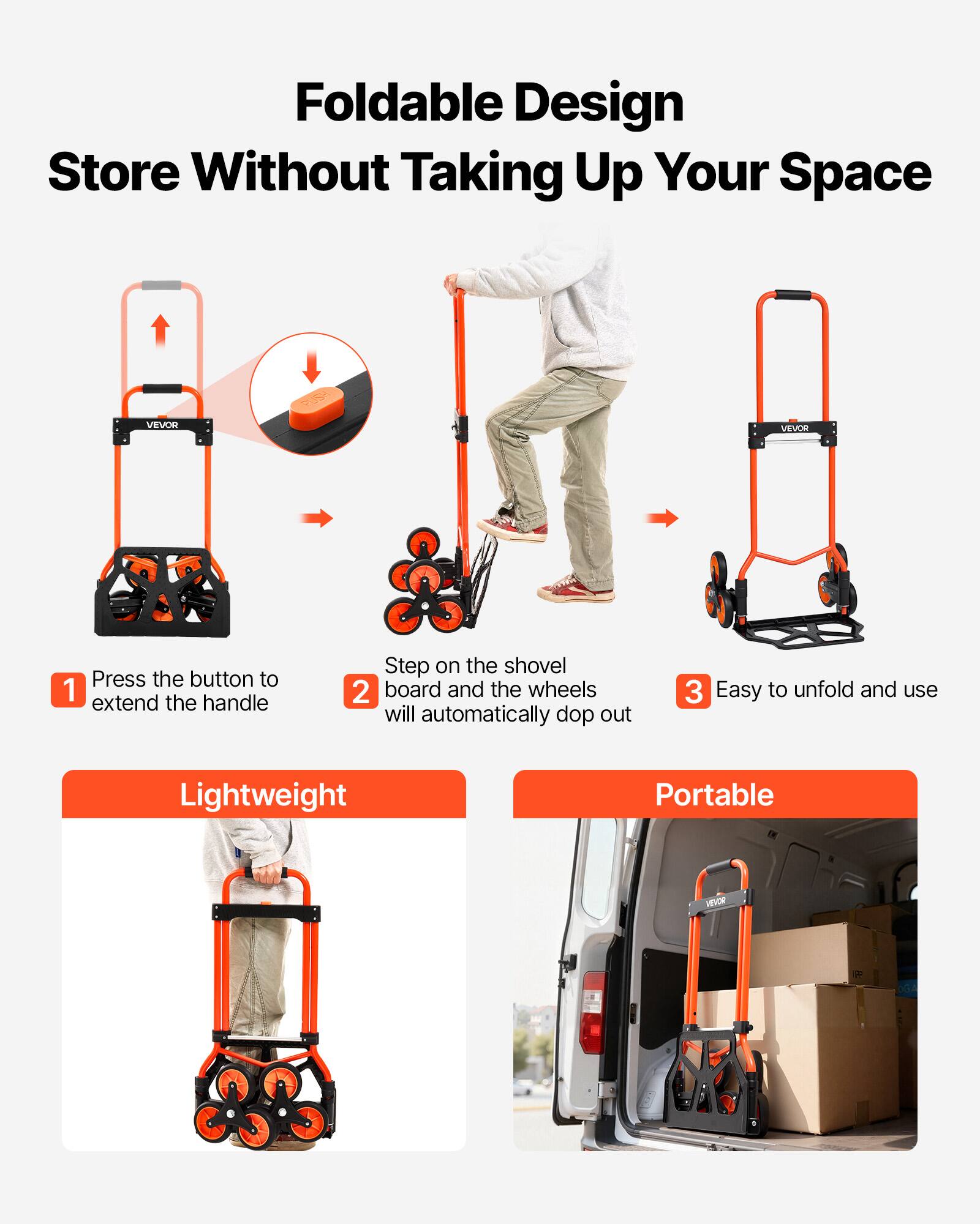 Foldable Design Store Without Taking Up Your Space

1. Press the button to extend the handle
2. Step on the shovel board and the wheels will automatically drop out
3. Easy to unfold and use

Lightweight Portable