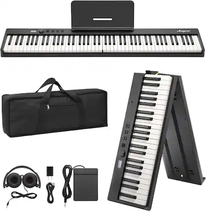 Front. GARVEE - 88-Key Foldable Keyboard Piano, Full-Size Electronic Piano with Adapter, Headphones & Carrying Bag, Portable Design.