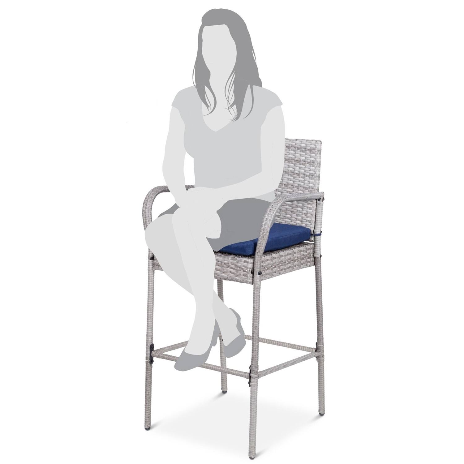 Left. Hivvago - Set of 2 Grey Indoor/Outdoor Wicker Bar Stools w/ 2 Blue Cushions - Gray.