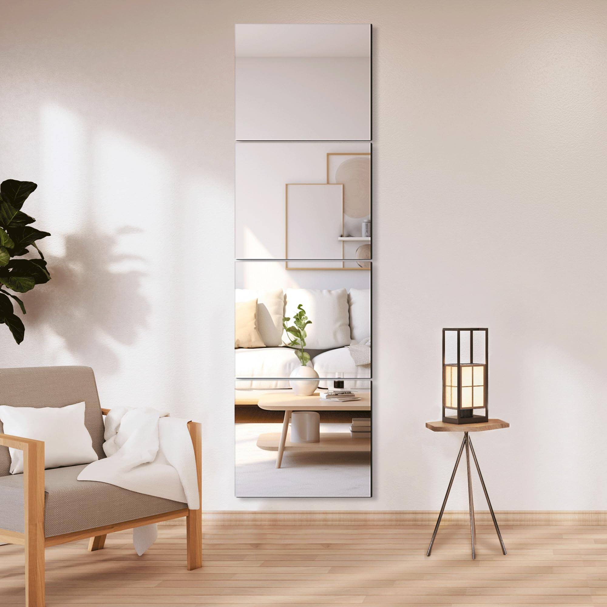 Left. Stylel Star - Glass Full Length Wall Mirror Tiles 14'' X 12'' 4pcs Frameless Body For Bedroom Mounted Home Gym Door.