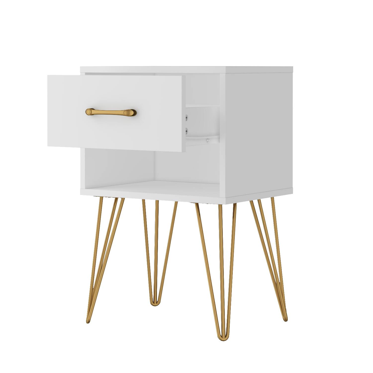 Angle. FUFU&GAGA - FUFU&GAGA Nightstand with Gold Hairpin Legs: Modern Open - Shelf Storage - White.