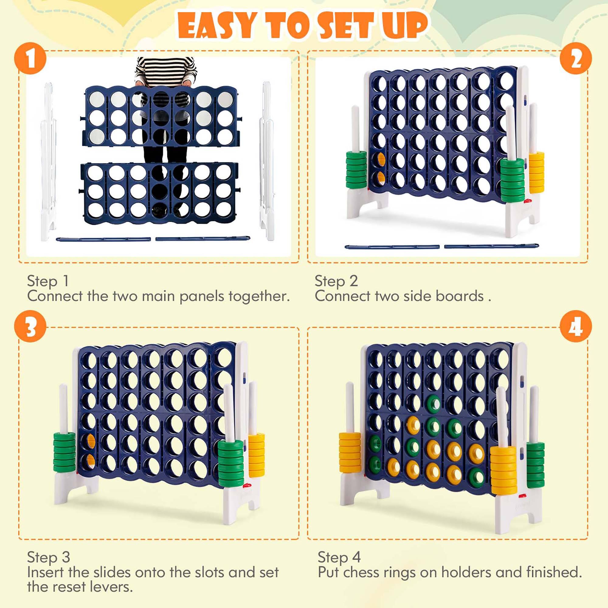 1. EASY TO SET UP

Step 1
Connect the two main panels together.

Step 2
Connect two side boards.

Step 3
Insert the slides onto the slots and set the reset levers.

Step 4
Put chess rings on holders and finished.