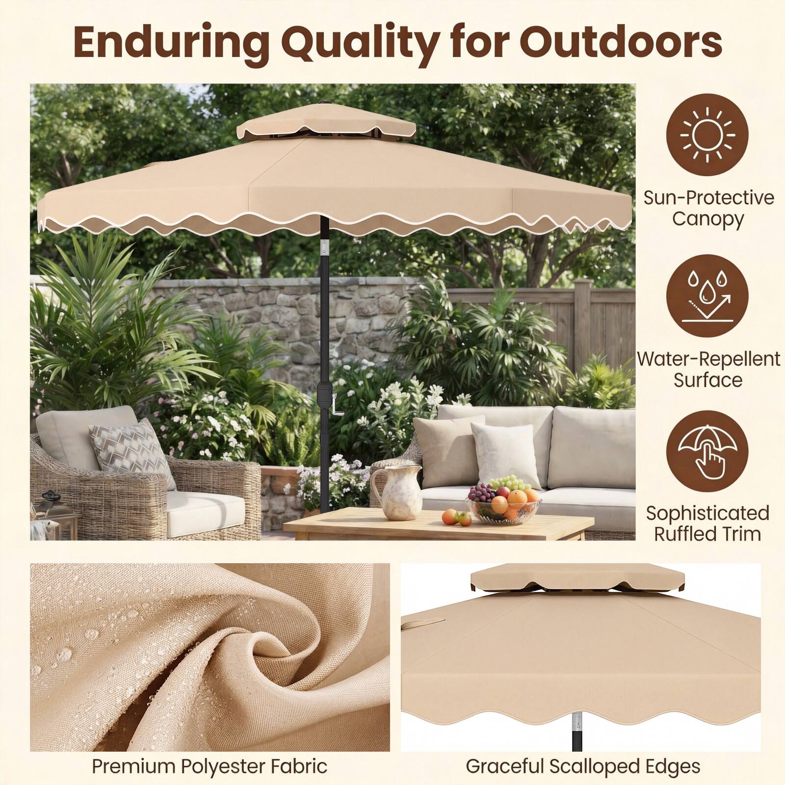 Enduring Quality for Outdoors

- Sun-Protective Canopy
- Water-Repellent Surface
- Sophisticated Ruffled Trim
- Premium Polyester Fabric
- Graceful Scalloped Edges